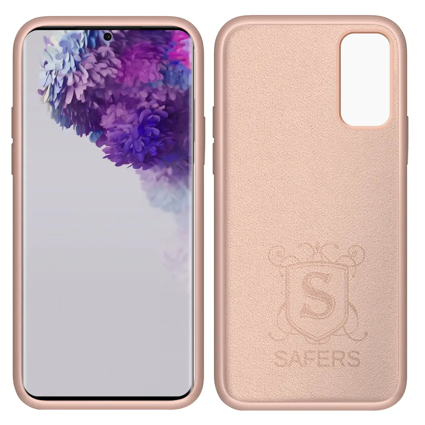 Samsung Galaxy S20 mit roségoldener Silikonhülle, Mikrofaser innen, Vorder- und Rückansicht.
