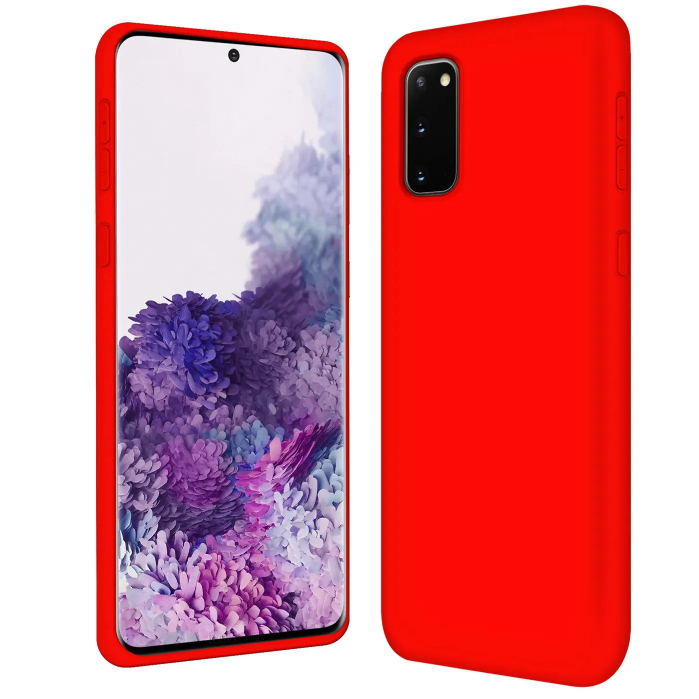 Rote Silikonhülle mit Mikrofaser-Innenfutter für Samsung Galaxy S20, Seitenansicht.