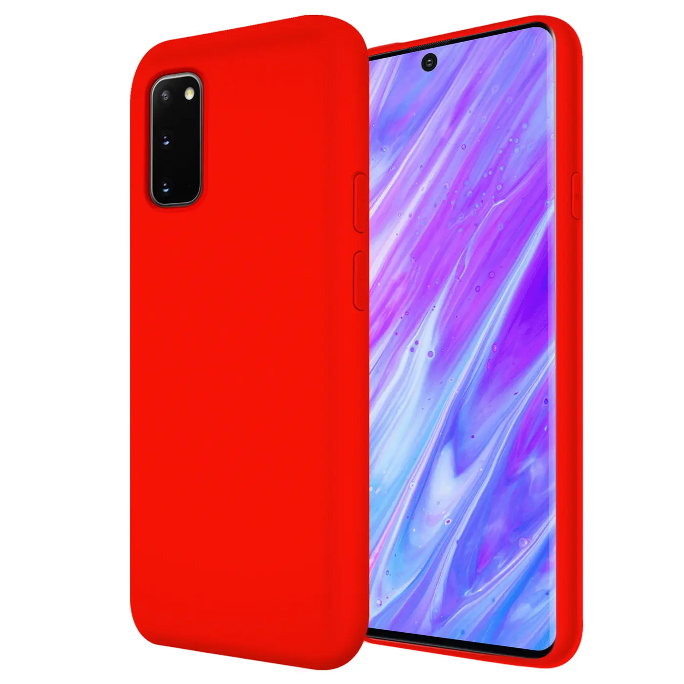 Rote Silikonhülle mit Mikrofaser-Innenfutter für Samsung Galaxy S20, Seitenansicht.