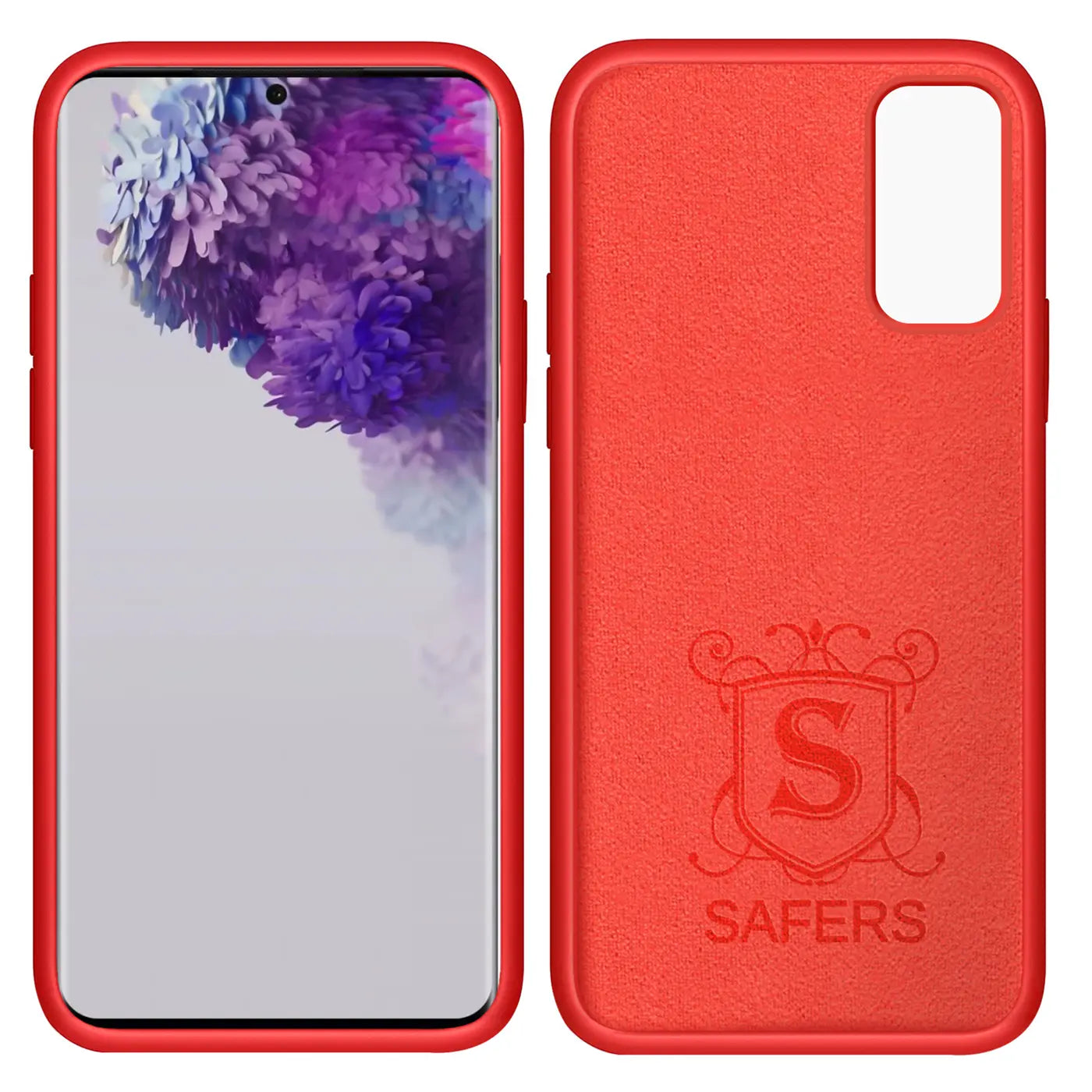 Rote Silikonhülle mit Mikrofaser-Innenfutter für Samsung Galaxy S20, Vorder- und Rückansicht.