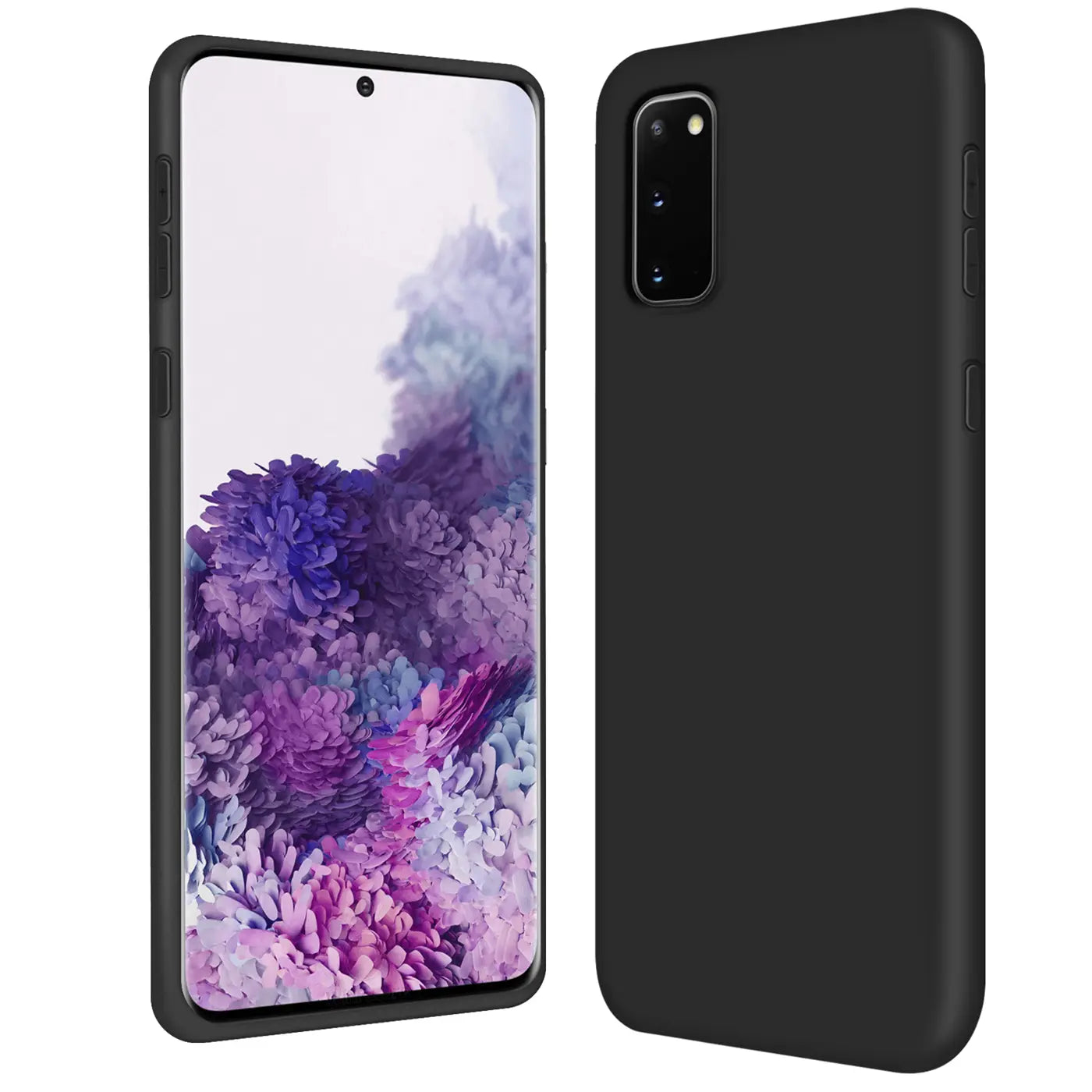 Schwarze Silikonhülle, Mikrofaser innen, für Samsung Galaxy S20, von vorne und Seite