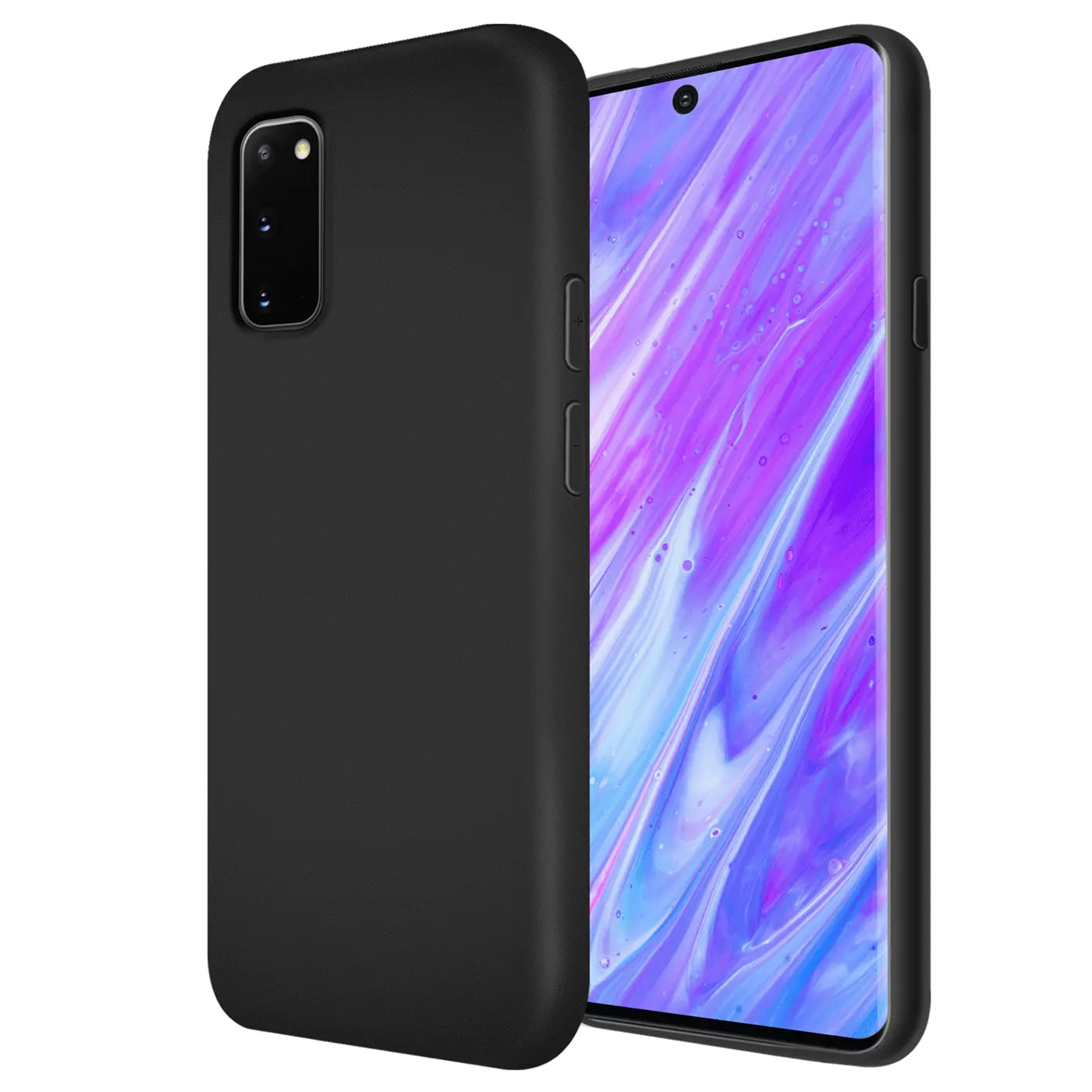 Schwarze Silikonhülle mit Mikrofaser-Innenfutter, seitliche Ansicht, auf Samsung Galaxy S20 aufgesetzt.