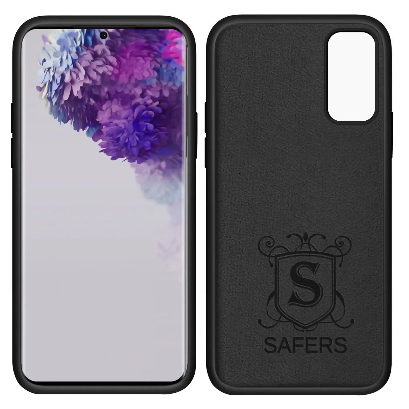Samsung S20 mit schwarzer Silikonhülle, Mikrofaser-Innenseite, Vorder- und Rückansicht
