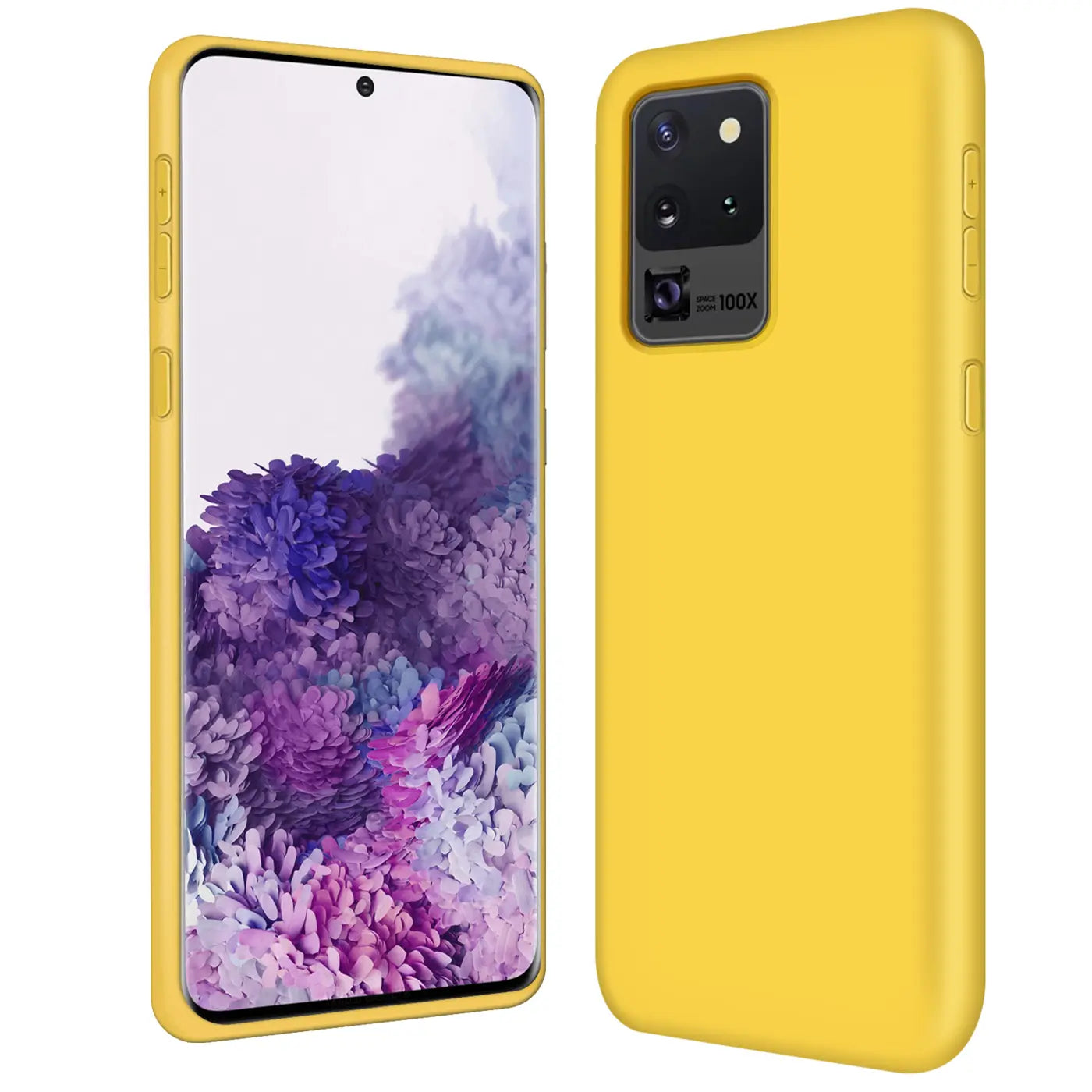 Gelbe Silikonhülle für Samsung Galaxy S20 Ultra, Vorder- und Rückansicht