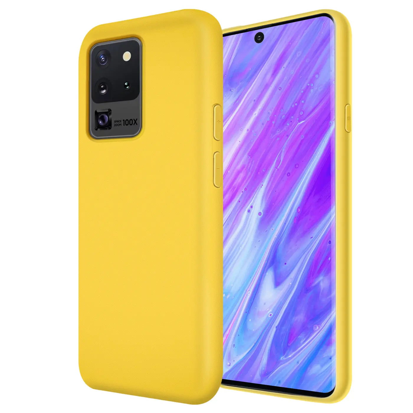 Gelbe Silikonhülle mit Mikrofaser-Innenfutter für Samsung Galaxy S20 Ultra, Seitenansicht.