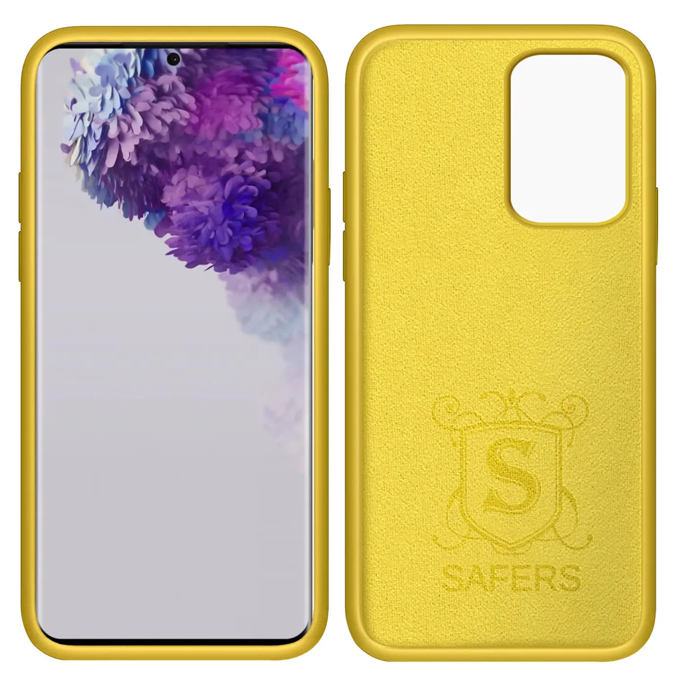 Gelbe Silikonhülle mit Mikrofaser-Innenfutter für Samsung Galaxy S20 Ultra, Vorder- und Rückansicht.