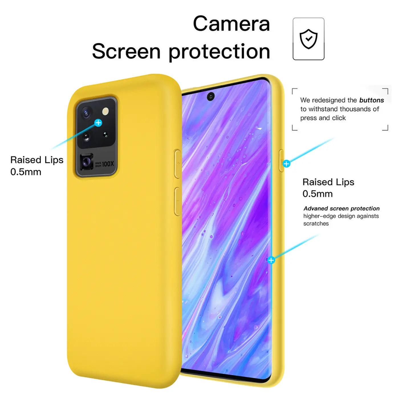 Gelbe Silikonhülle für Samsung Galaxy S20 Ultra, von vorne/seitlich, mit Mikrofaser-Innenfutter.