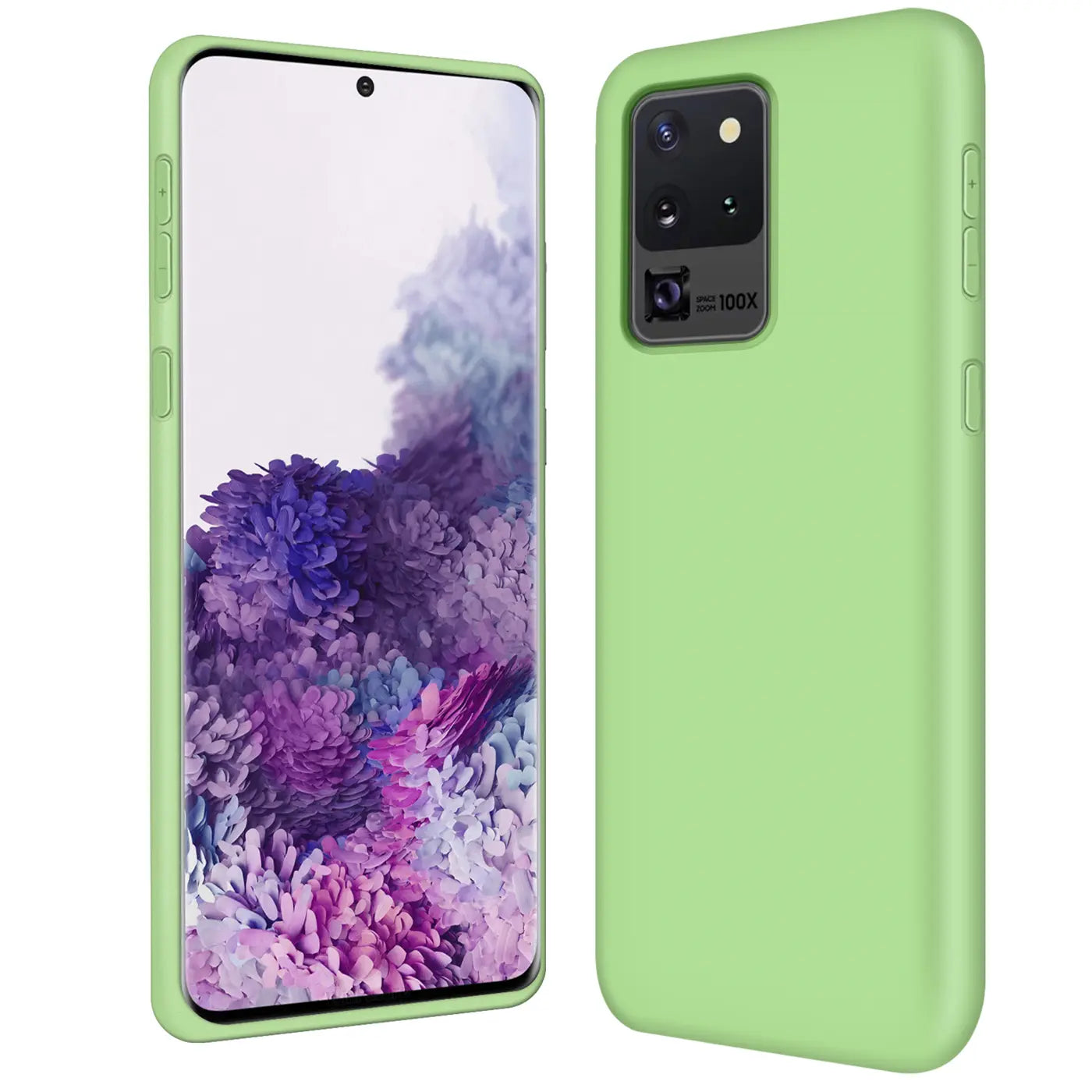 Grüne Silikonhülle für Samsung Galaxy S20 Ultra, von vorne und hinten gezeigt.