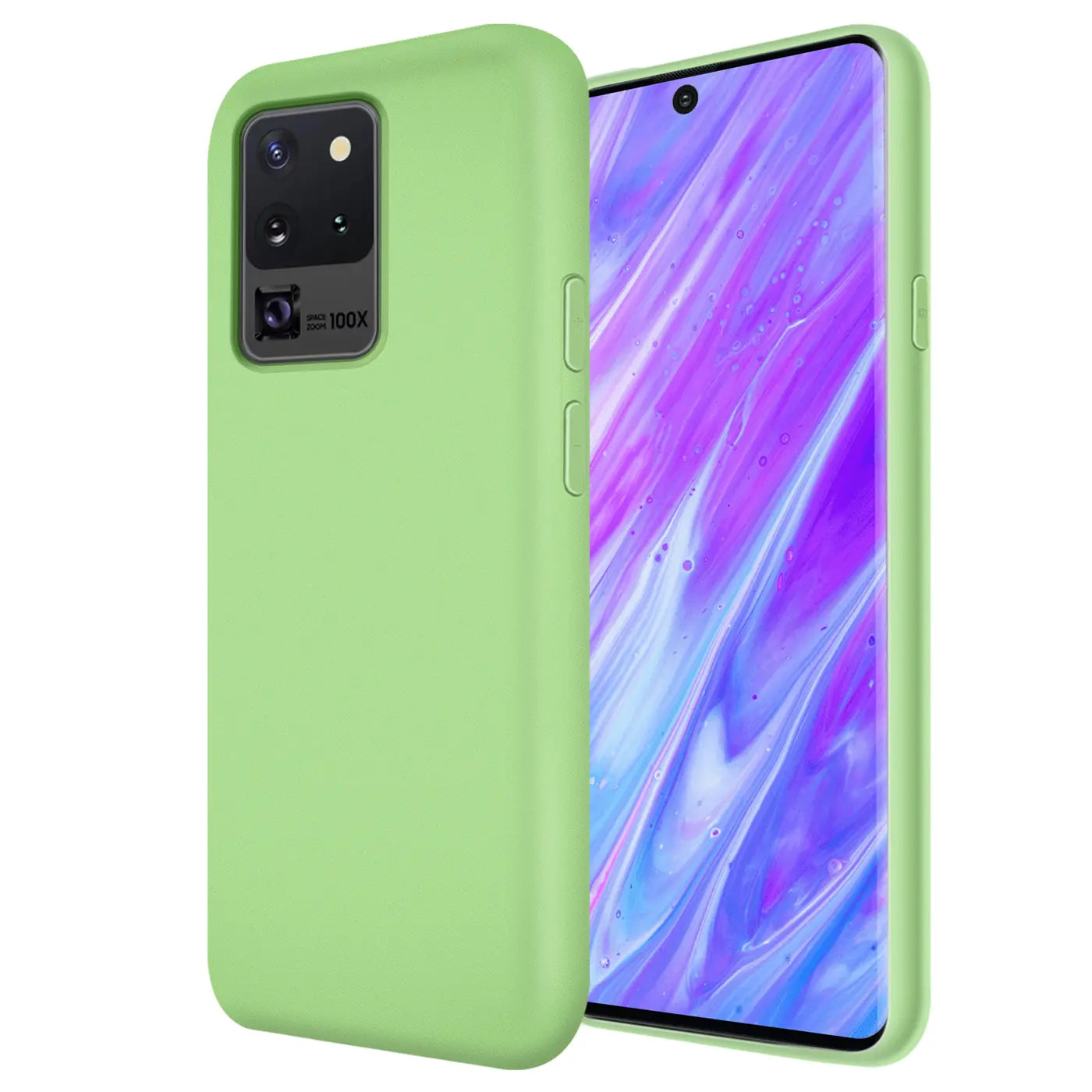 Grüne Silikonhülle mit Mikrofaser-Innenfutter für Samsung Galaxy S20 Ultra, Seitenansicht.