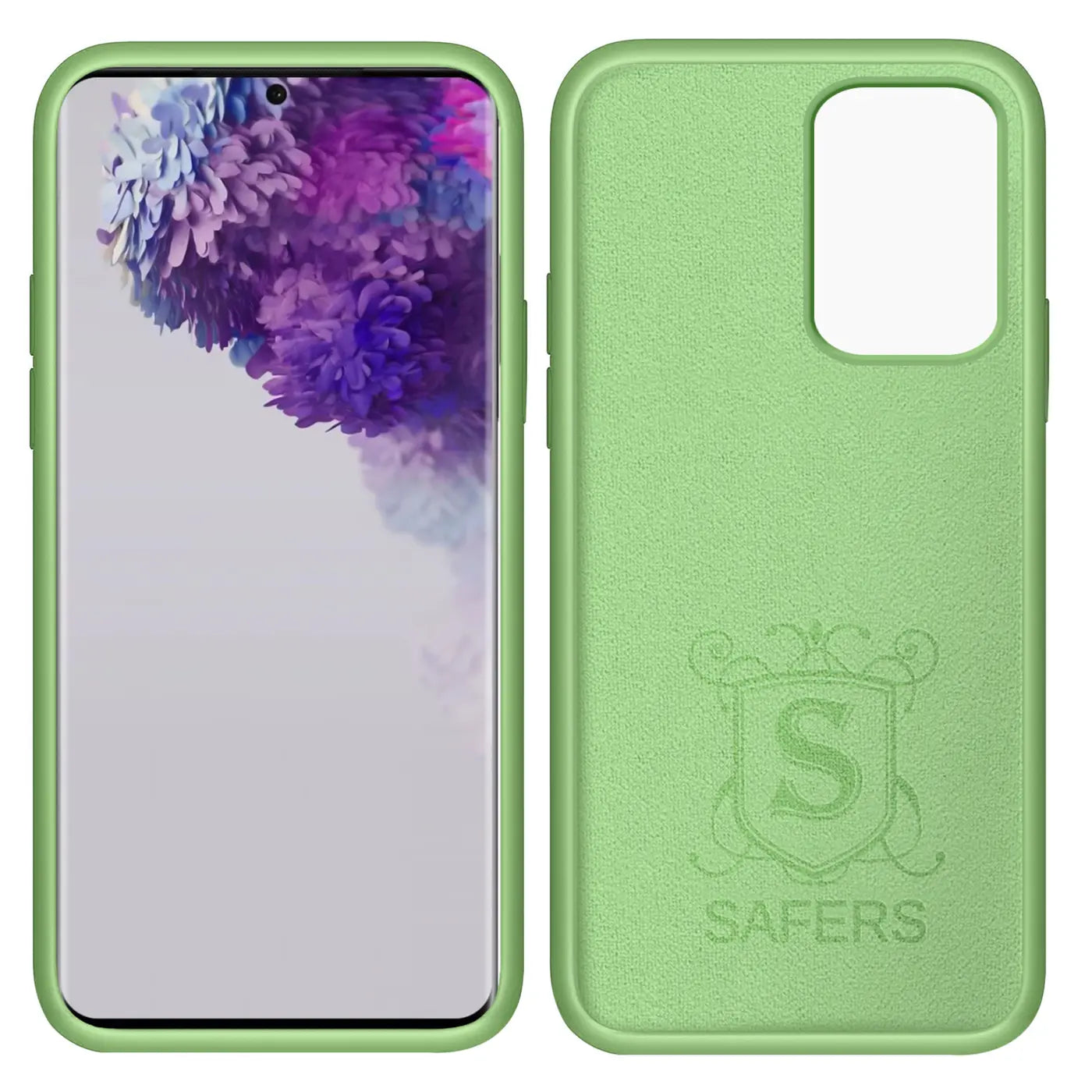 Grüne Silikonhülle mit Mikrofaser-Innenfutter für Samsung Galaxy S20 Ultra, Vorder- und Rückansicht.