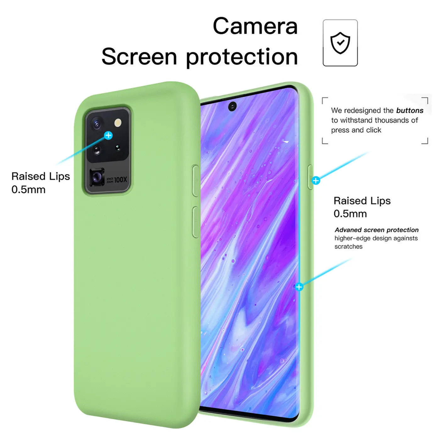 Helle grüne Silikonhülle für Samsung S20 Ultra, von vorne/seitlich.