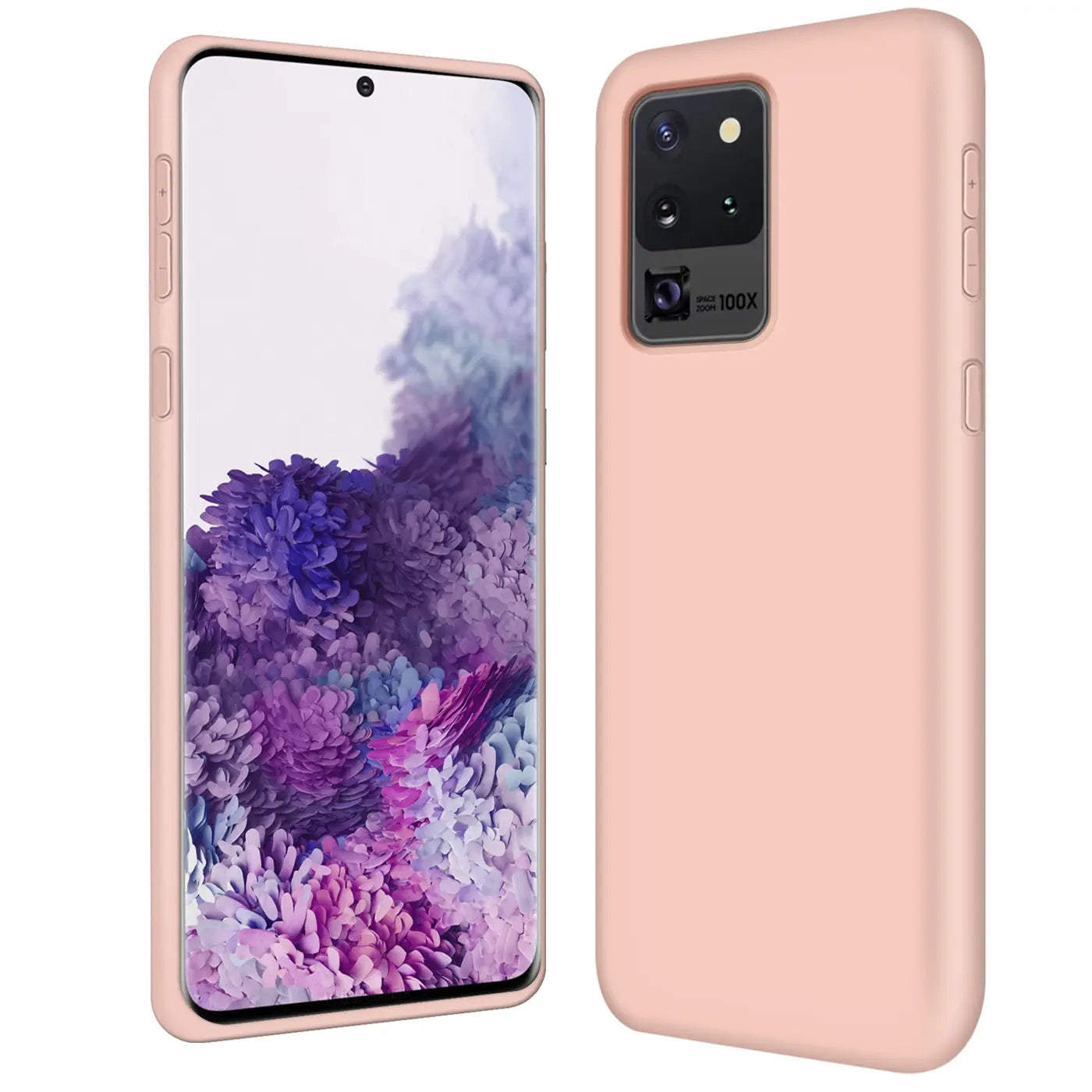 Rosa Silikonhülle für Samsung Galaxy S20 Ultra, von vorne und hinten gezeigt.