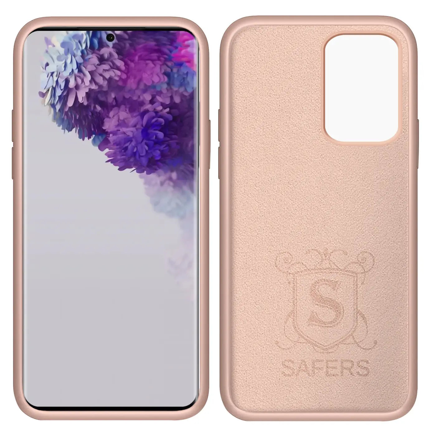 Rosa Silikonhülle für Samsung S20 Ultra, Vorder- und Rückansicht. Mikrofaser innen.