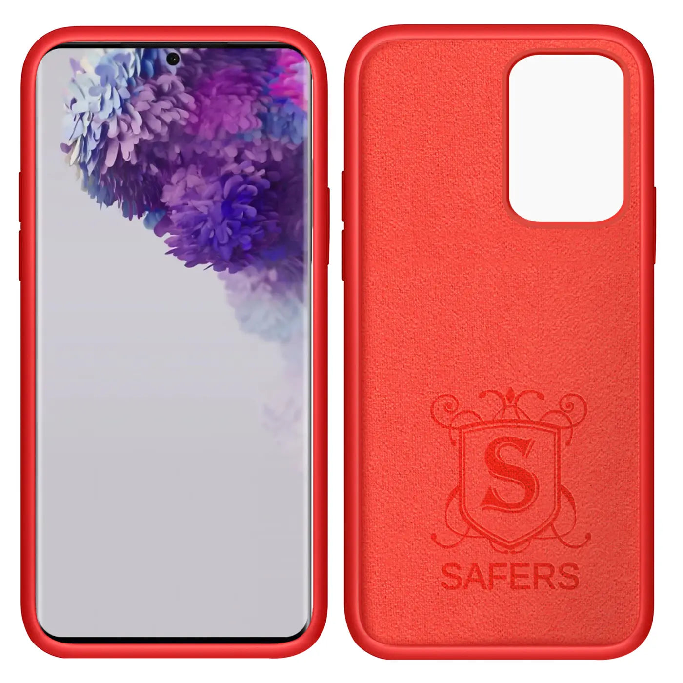 Rote Silikonhülle für Samsung Galaxy S20 Ultra, Vorder- und Rückansicht, Mikrofaser-Innenfutter.