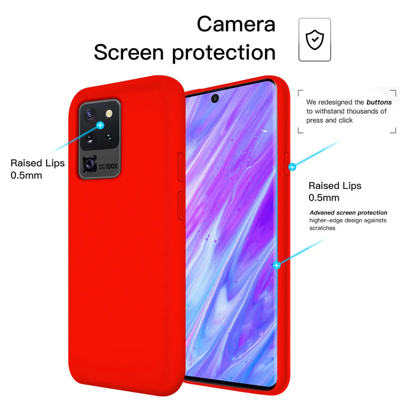 Rote Silikonhülle für Samsung Galaxy S20 Ultra, Rückseite und Vorderseite sichtbar, Nahaufnahme.