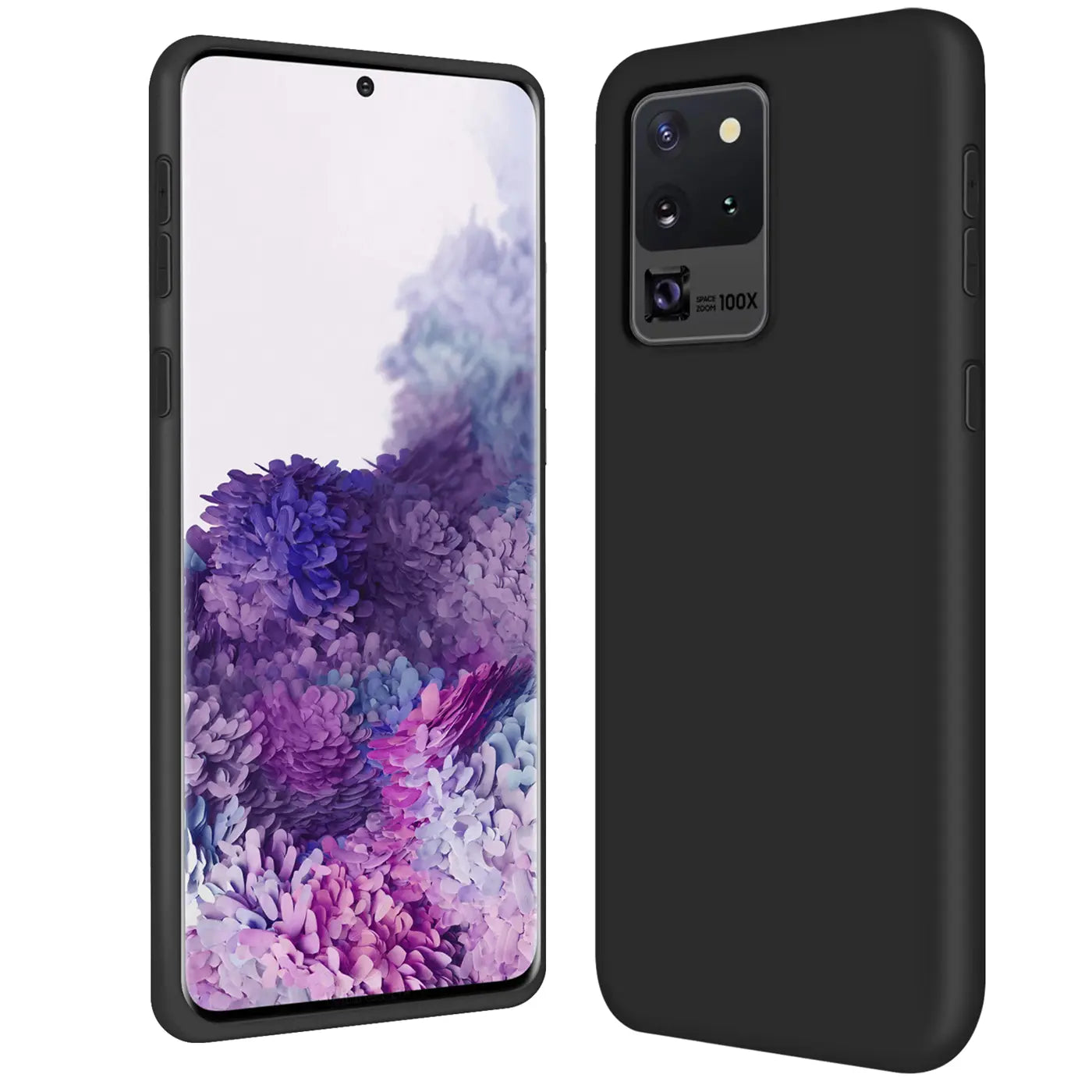 Schwarze Silikonhülle für Samsung Galaxy S20 Ultra, von vorne und von der Seite gezeigt.