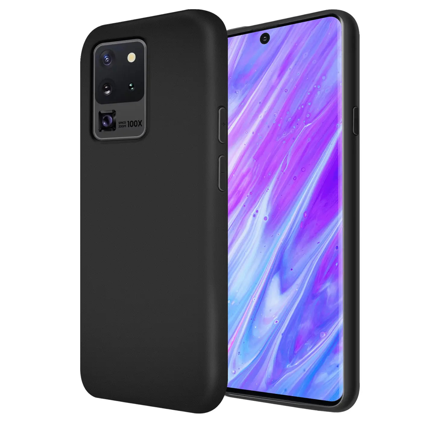 Schwarze Silikonhülle für Samsung Galaxy S20 Ultra, von vorne rechts gesehen.