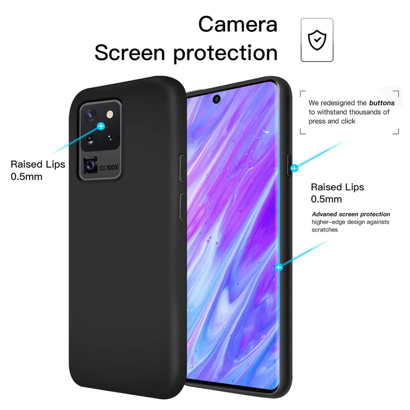 Schwarze Silikonhülle für Samsung Galaxy S20 Ultra, von hinten und Seite gezeigt.