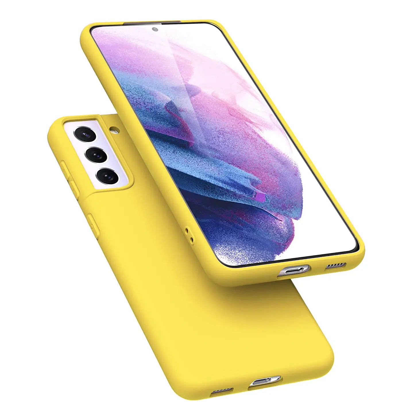 Gelbe Silikonhülle für Samsung Galaxy S21 FE, von vorne links, mit Mikrofaser-Innenfutter.