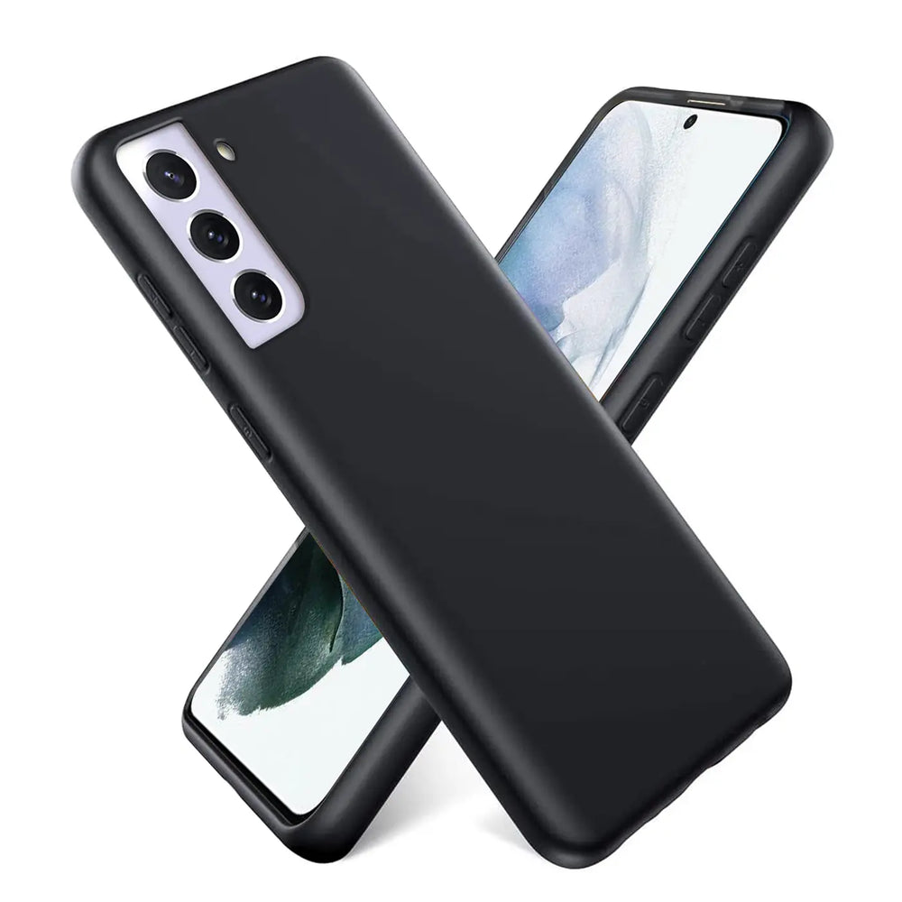 Schwarze Silikonhülle für Samsung Galaxy S21 FE, von vorne, mit Mikrofaser-Innenfutter.