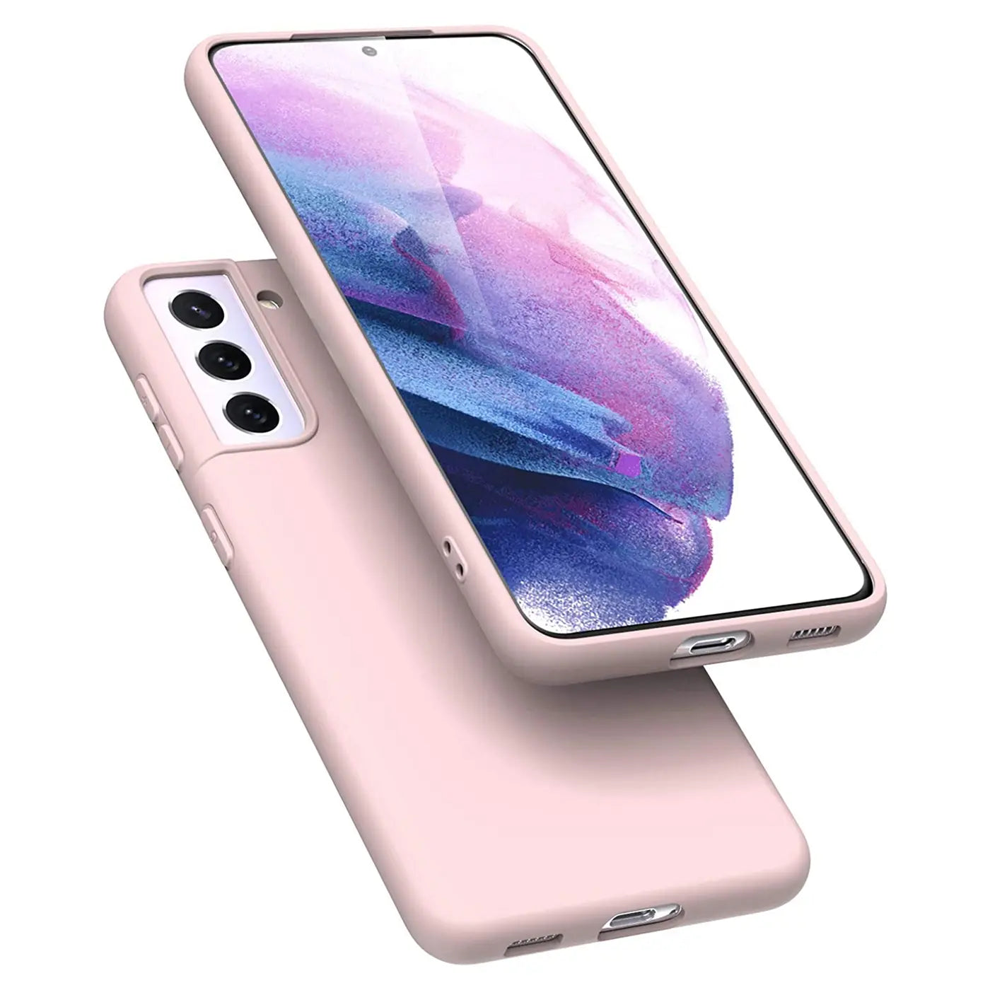 Rosa Silikonhülle für Samsung Galaxy S21, von schräg oben fotografiert