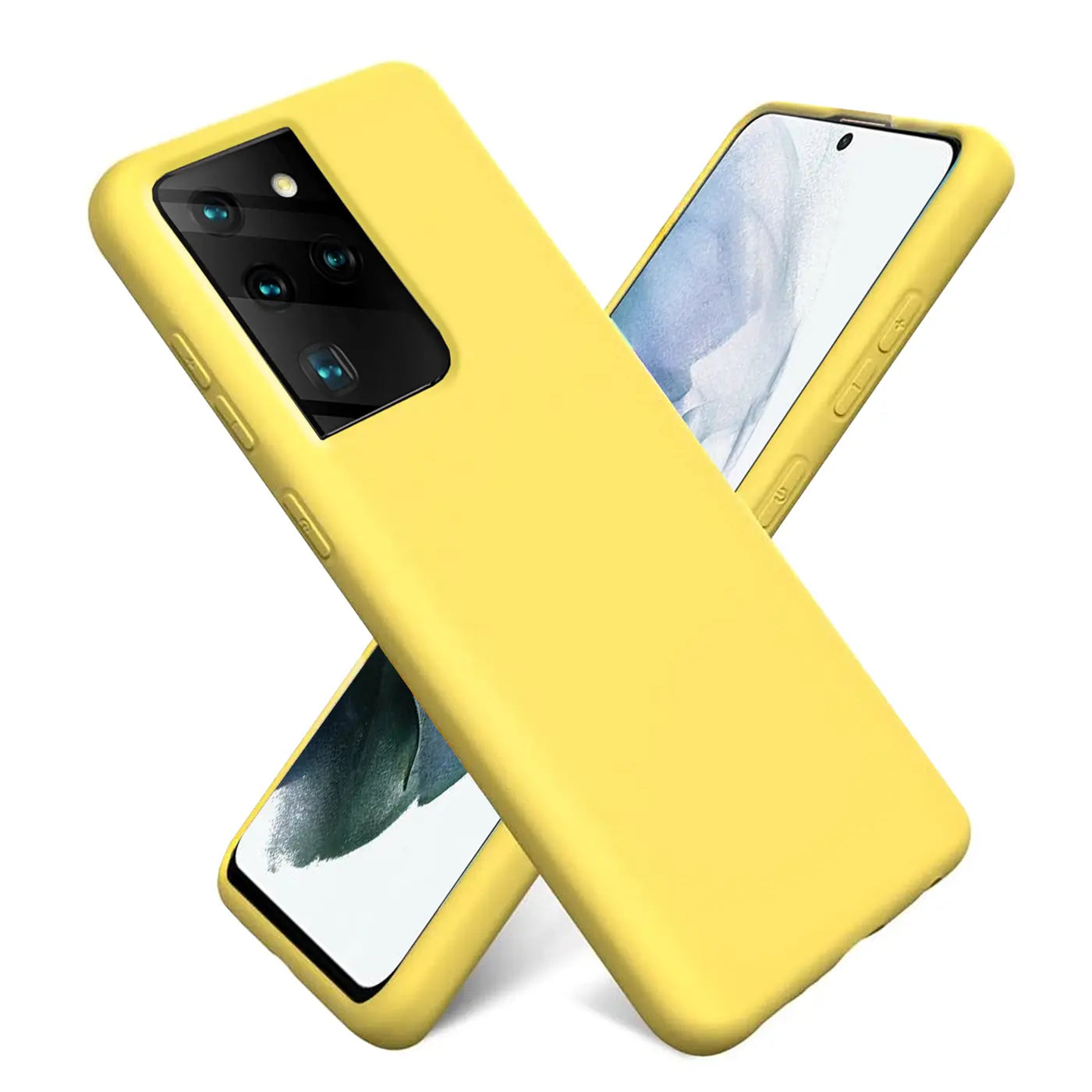 Gelbe Silikonhülle mit Mikrofaser-Innenfutter für Samsung Galaxy S21 Ultra, von schräg oben.