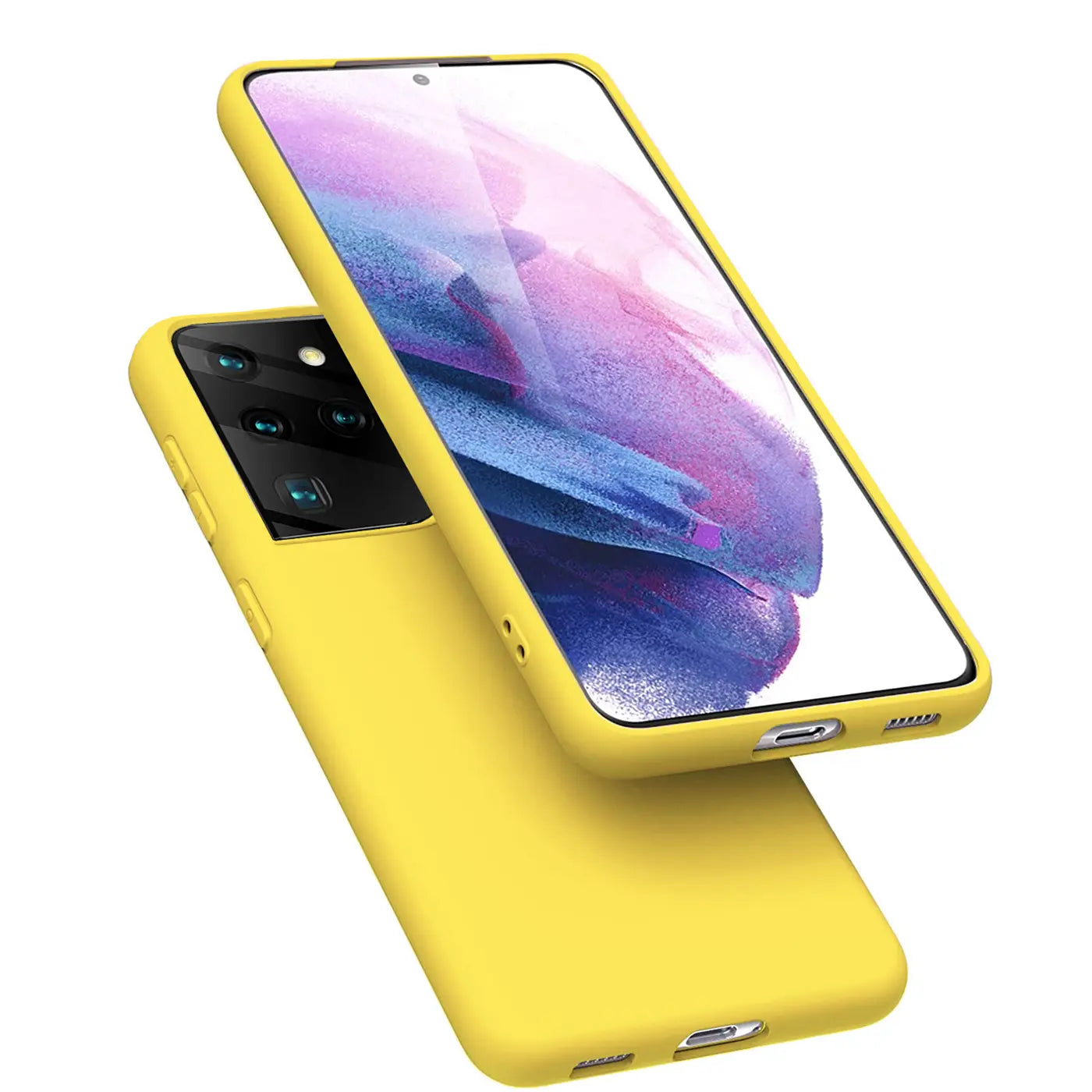 Gelbe Silikonhülle für Samsung Galaxy S21 Ultra, von schräg oben fotografiert.