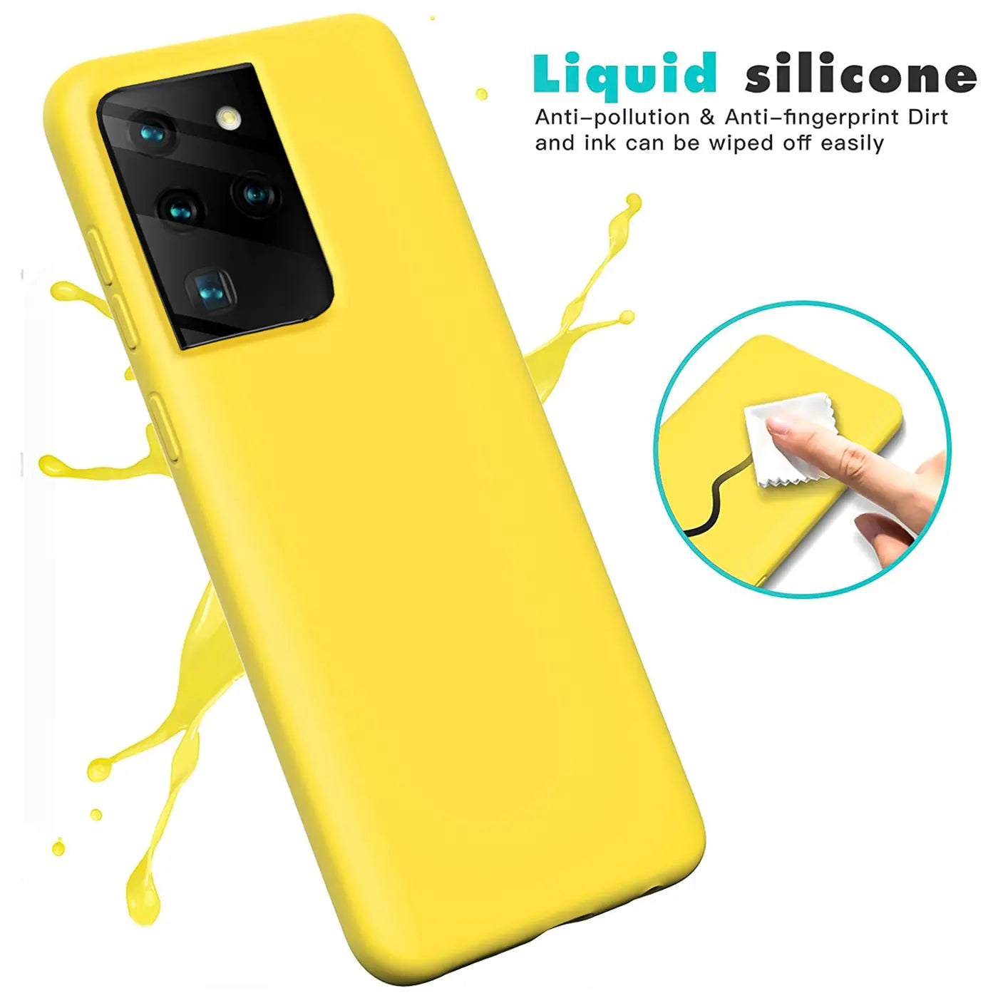 Gelbe Silikonhülle für Samsung Galaxy S21 Ultra, von vorne links, mit Kamera-Ausschnitt.
