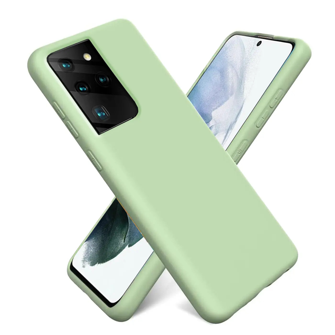 Hellgrüne Silikonhülle, Mikrofaser-Innenfutter, Samsung Galaxy S21 Ultra, von schräg oben
