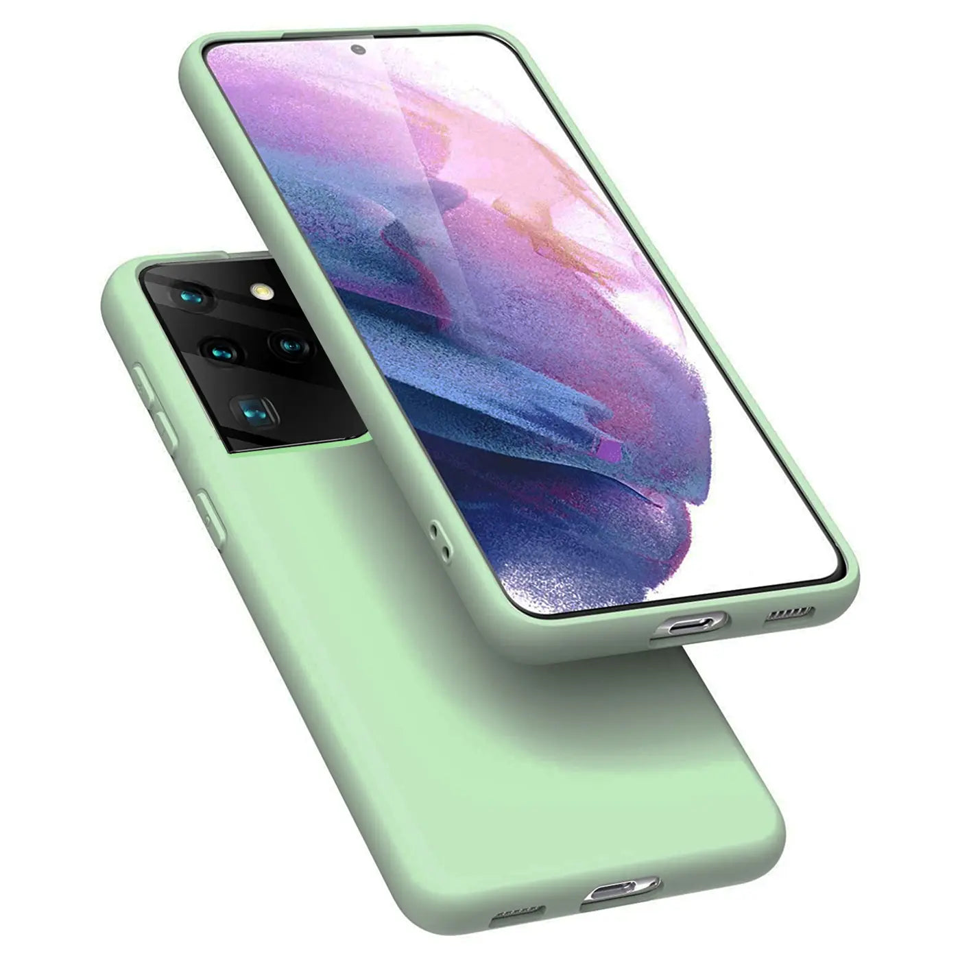Grüne Silikonhülle mit Mikrofaserfutter für Samsung Galaxy S21 Ultra, Seitenansicht.