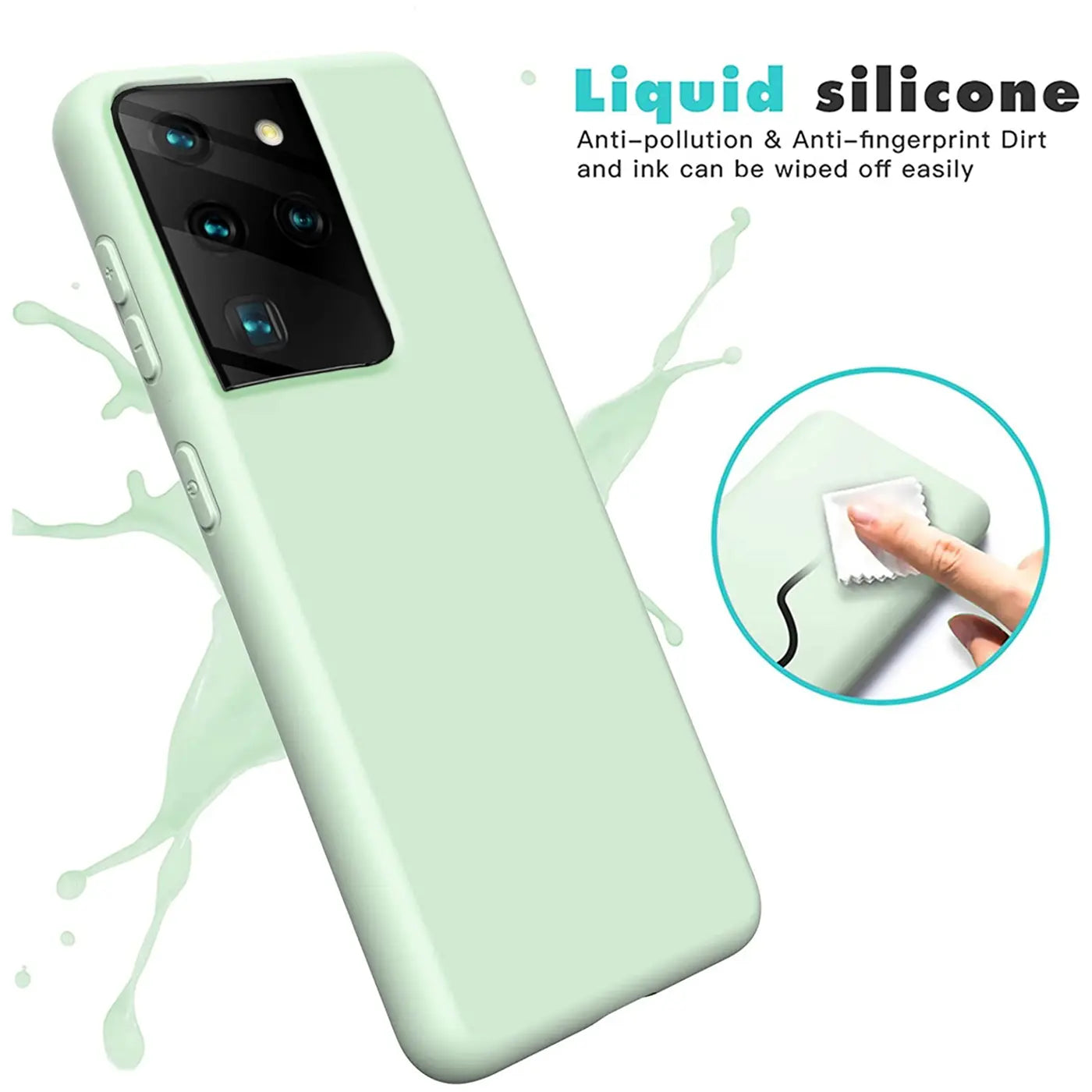 Helle mintgrüne Silikonhülle für Samsung Galaxy S21 Ultra, von schräg oben gezeigt.