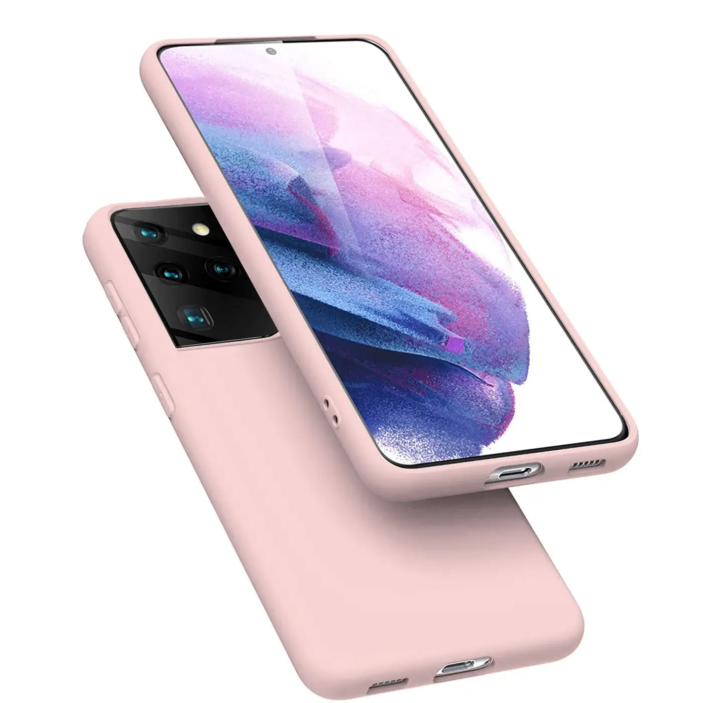 Rosa Silikonhülle für Samsung Galaxy S21 Ultra, von schräg oben, mit Mikrofaser-Innenfutter.