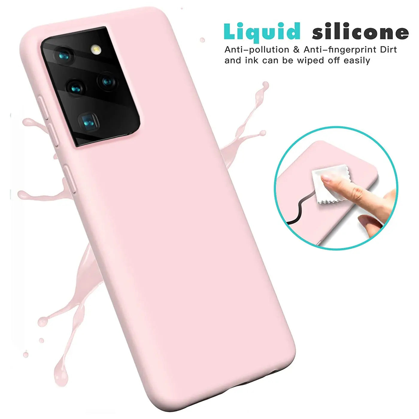 Rosa Silikonhülle für Samsung Galaxy S21 Ultra, Seitenansicht, Mikrofaser-Innenfutter.