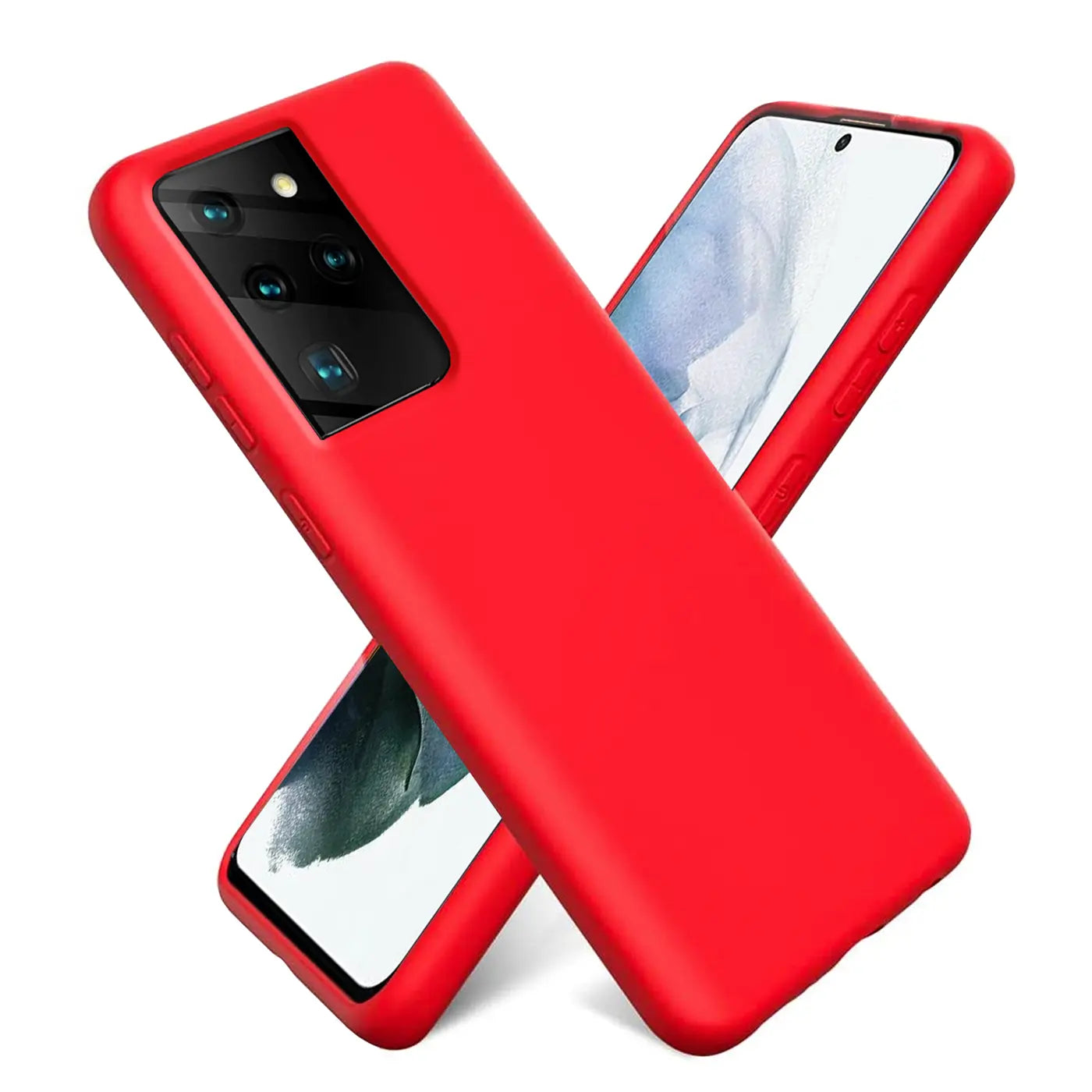 Rote Silikonhülle für Samsung Galaxy S21 Ultra, Vorder- und Rückansicht.