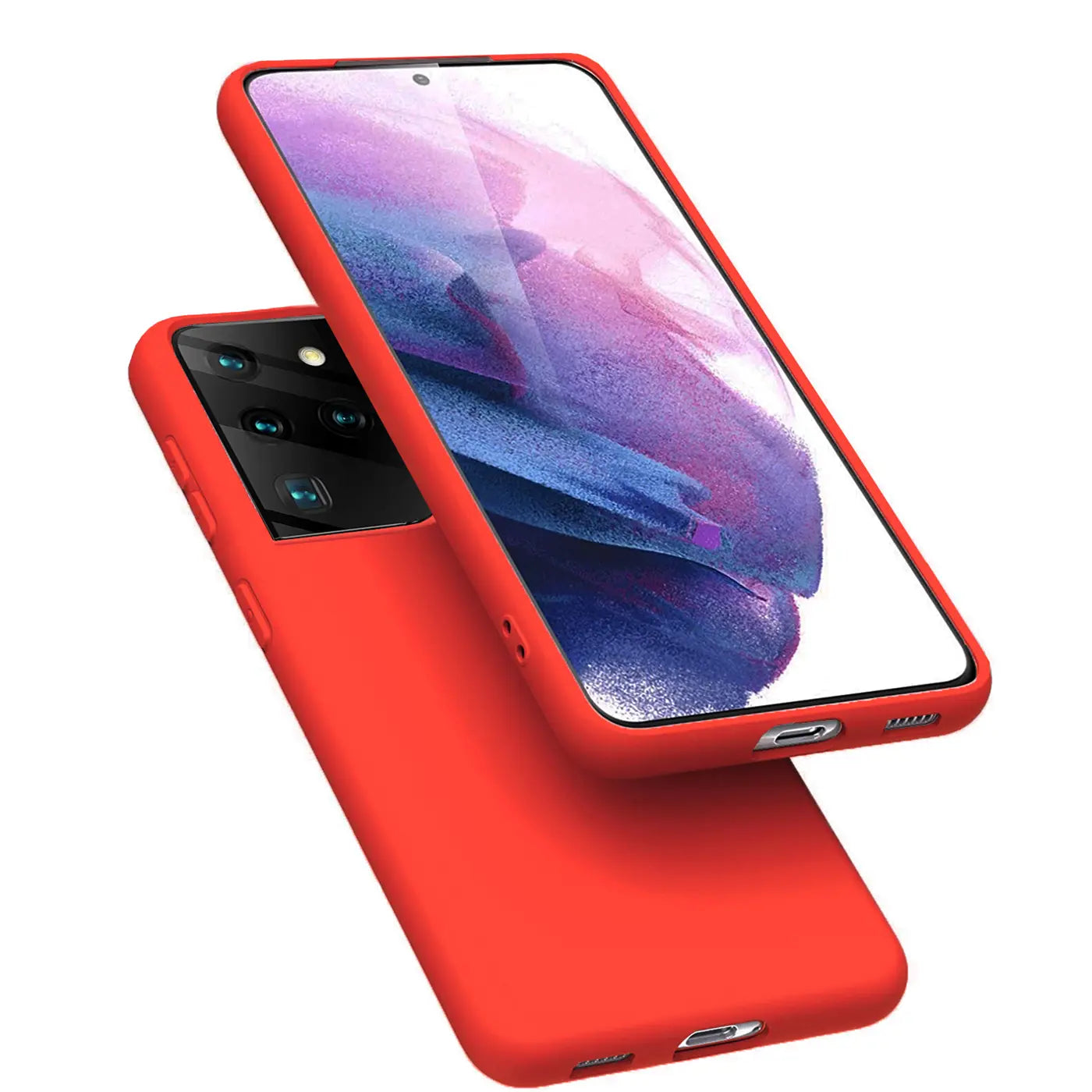 Rote Silikonhülle mit Mikrofaser-Innenfutter, schräg von vorne, zeigt Samsung Galaxy S21 Ultra.