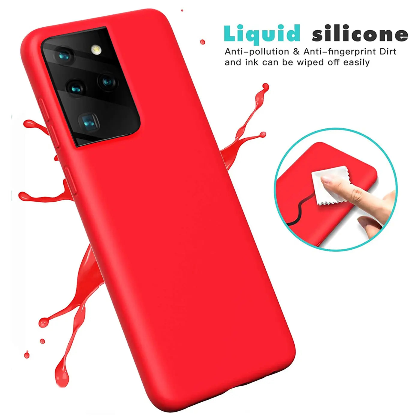 Rote Silikonhülle für Samsung Galaxy S21 Ultra, von schräg oben, mit Spritzern.