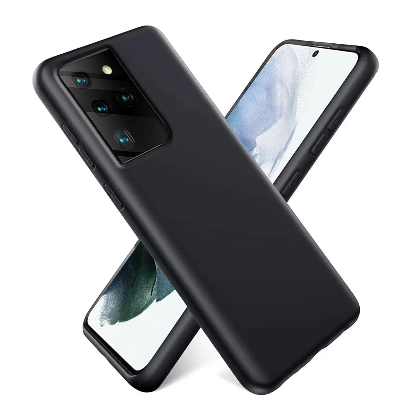 Schwarze Silikonhülle für Samsung Galaxy S21 Ultra, von vorne, Mikrofaser-Innenfutter.