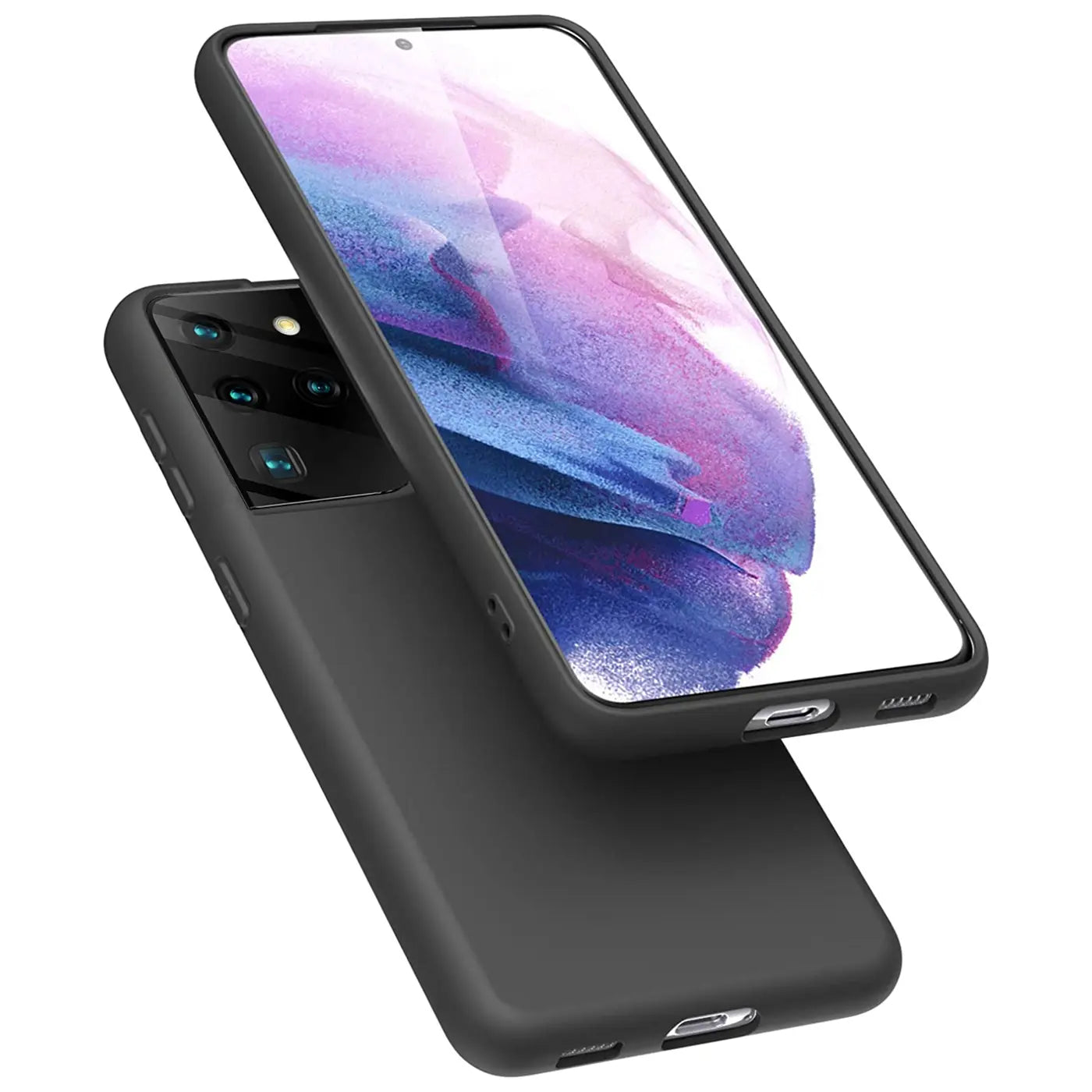 Schwarze Silikonhülle für Samsung Galaxy S21 Ultra, von schräg oben fotografiert.