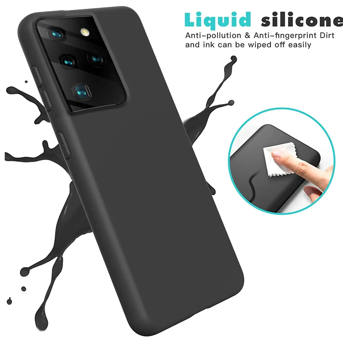 Schwarze Silikonhülle für Samsung Galaxy S21 Ultra, von vorne links, mit schwarzer Flüssigkeitsspritzern.