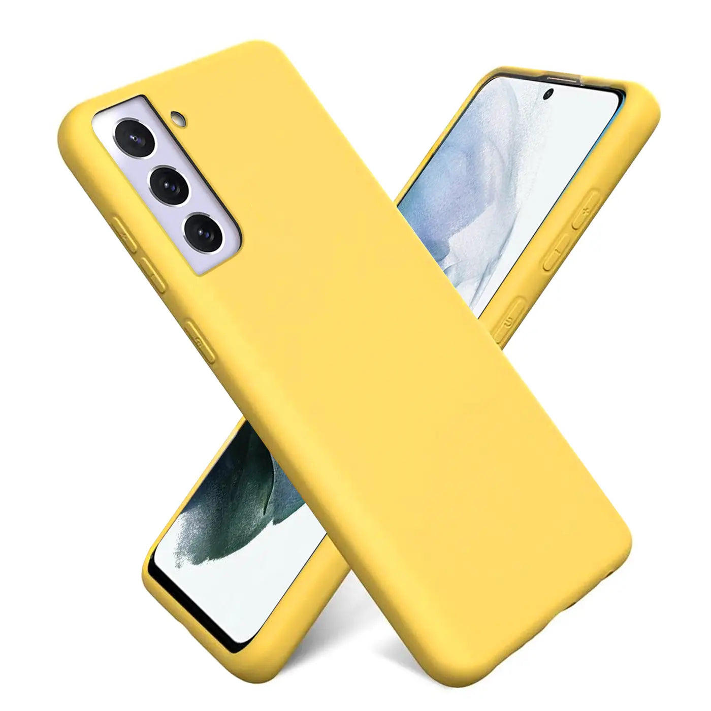 Gelbe Silikonhülle für Samsung Galaxy S22 Plus, von schräg oben, mit Handy.