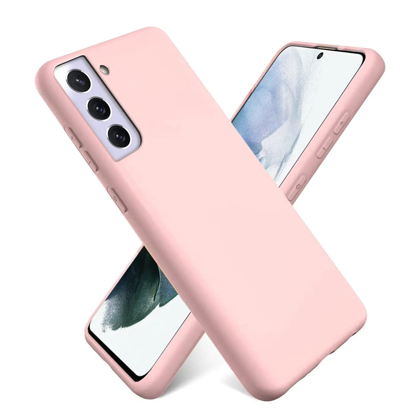 Rosa Silikonhülle auf Samsung S22 Plus, von schräg oben, mit Mikrofaser-Innenfutter.