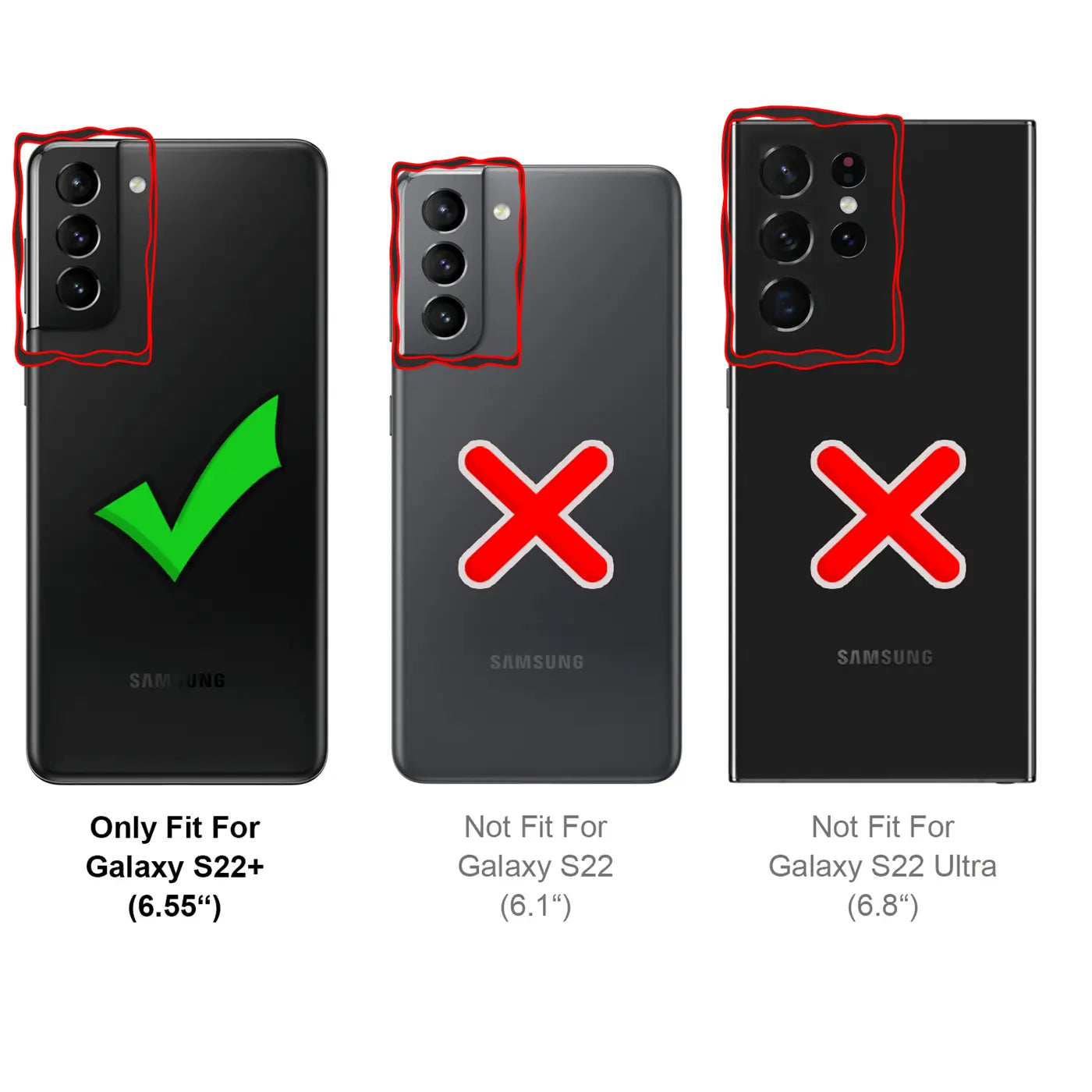 Drei Samsung-Smartphones, Rückansicht. Links passt, Mitte/rechts nicht.