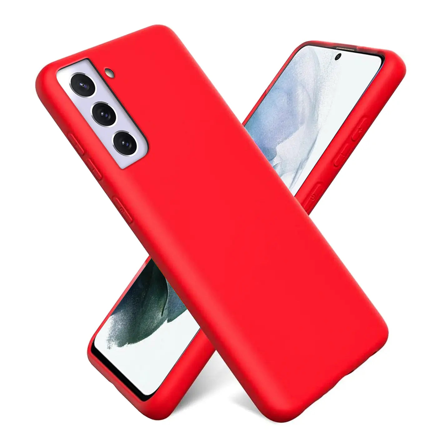 Rote Silikonhülle für Samsung Galaxy S22 Plus, von vorne schräg fotografiert.