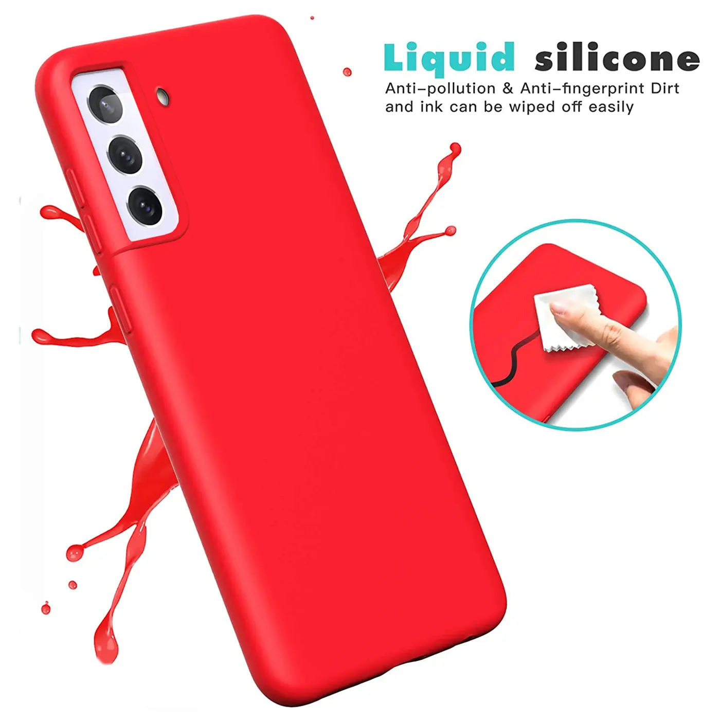 Rote Silikonhülle für Samsung Galaxy S22 Plus, von vorne links, mit rotem Spritzwasser-Effekt.