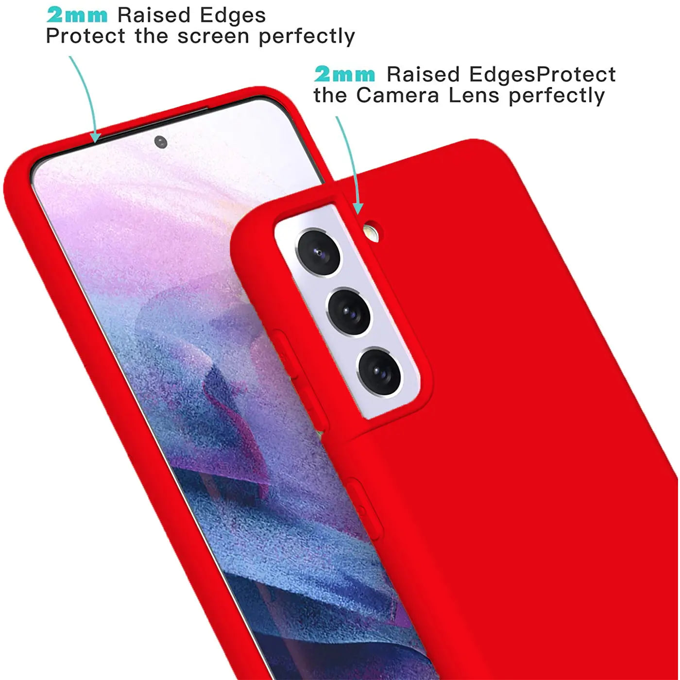 Rote Silikonhülle auf Samsung Galaxy S22 Plus, von schräg oben gesehen.