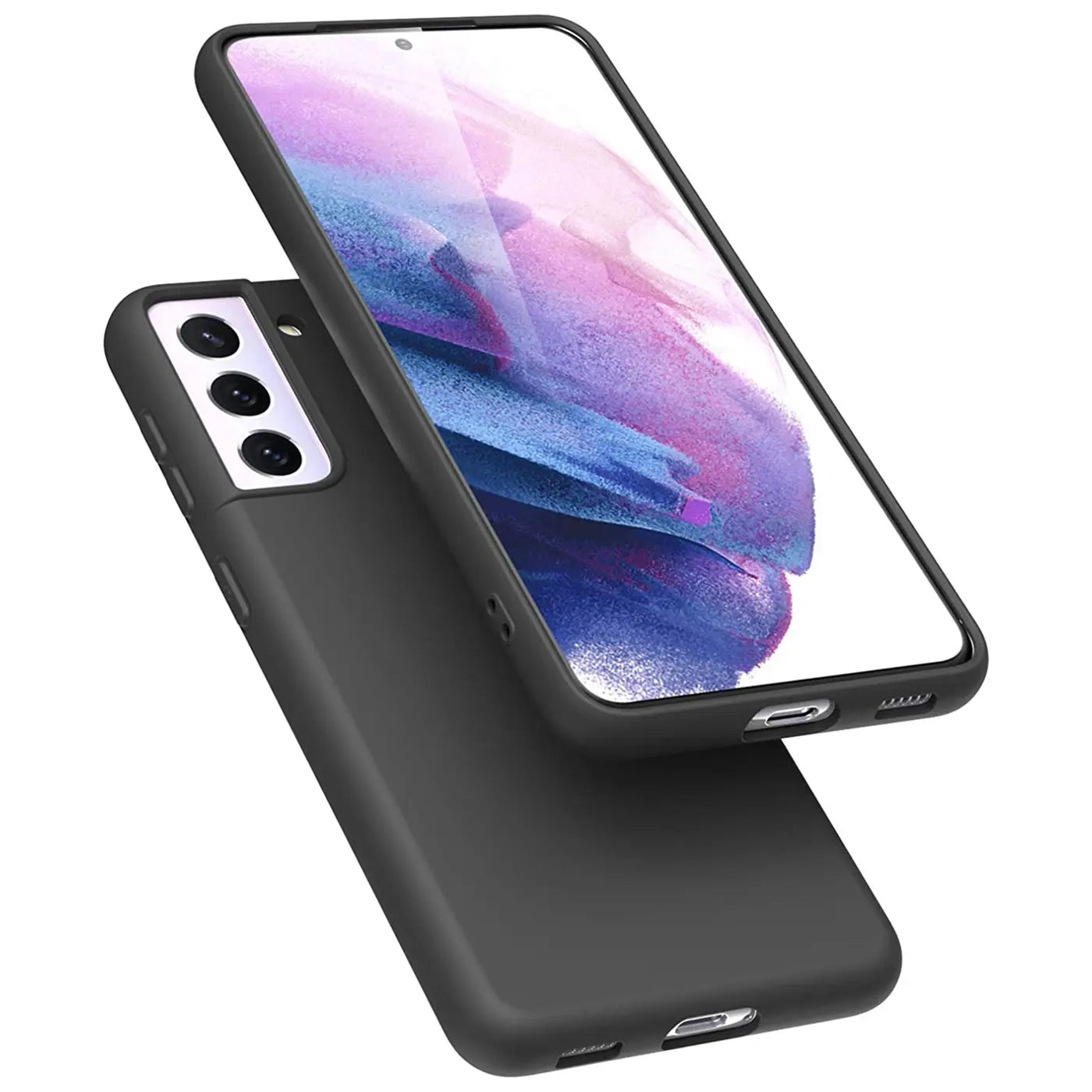 Schwarze Silikonhülle mit Mikrofaser-Innenfutter für Samsung Galaxy S22 Plus, von schräg oben