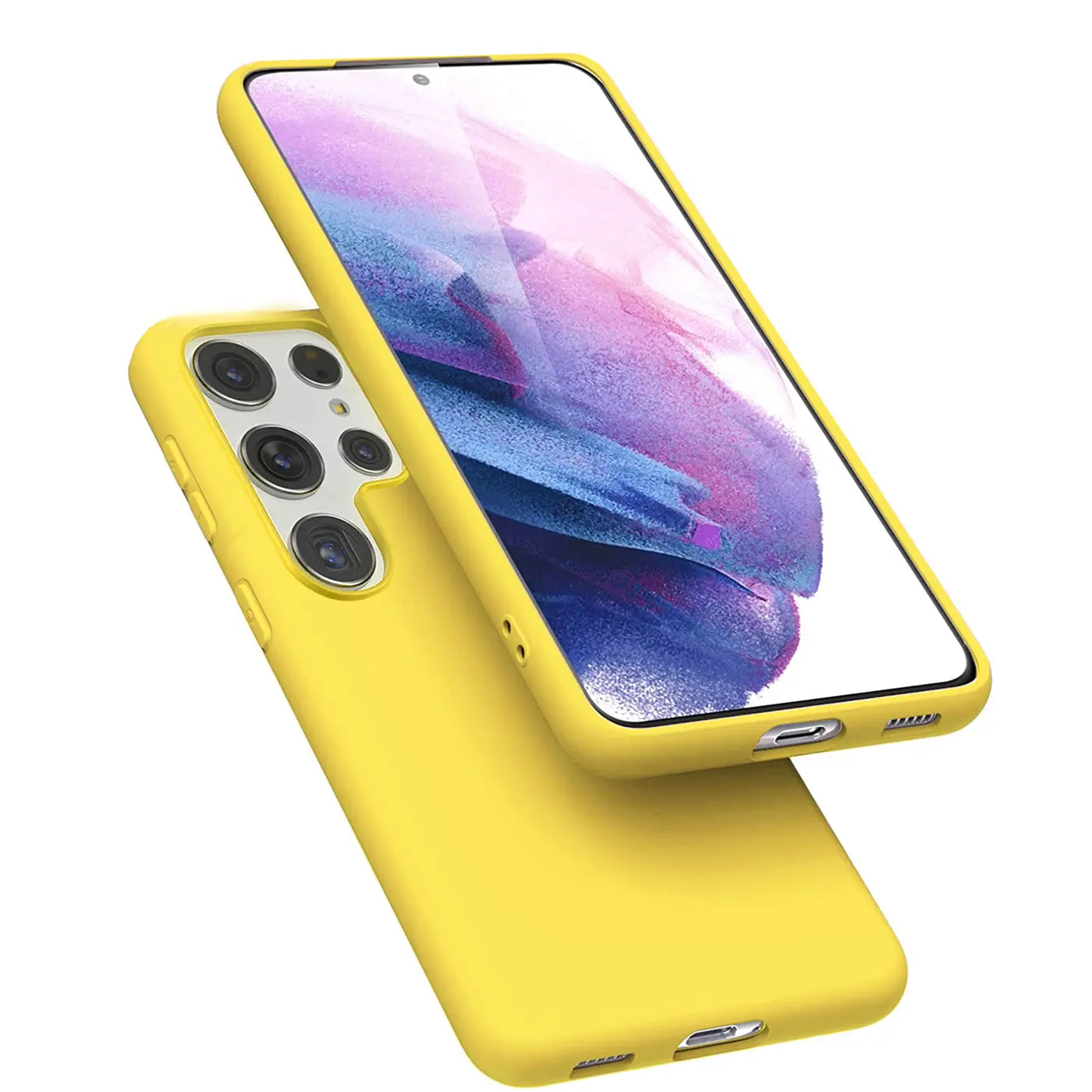 Gelbe Silikonhülle für Samsung Galaxy S22 Ultra, von vorne links, mit Mikrofaser-Innenfutter.