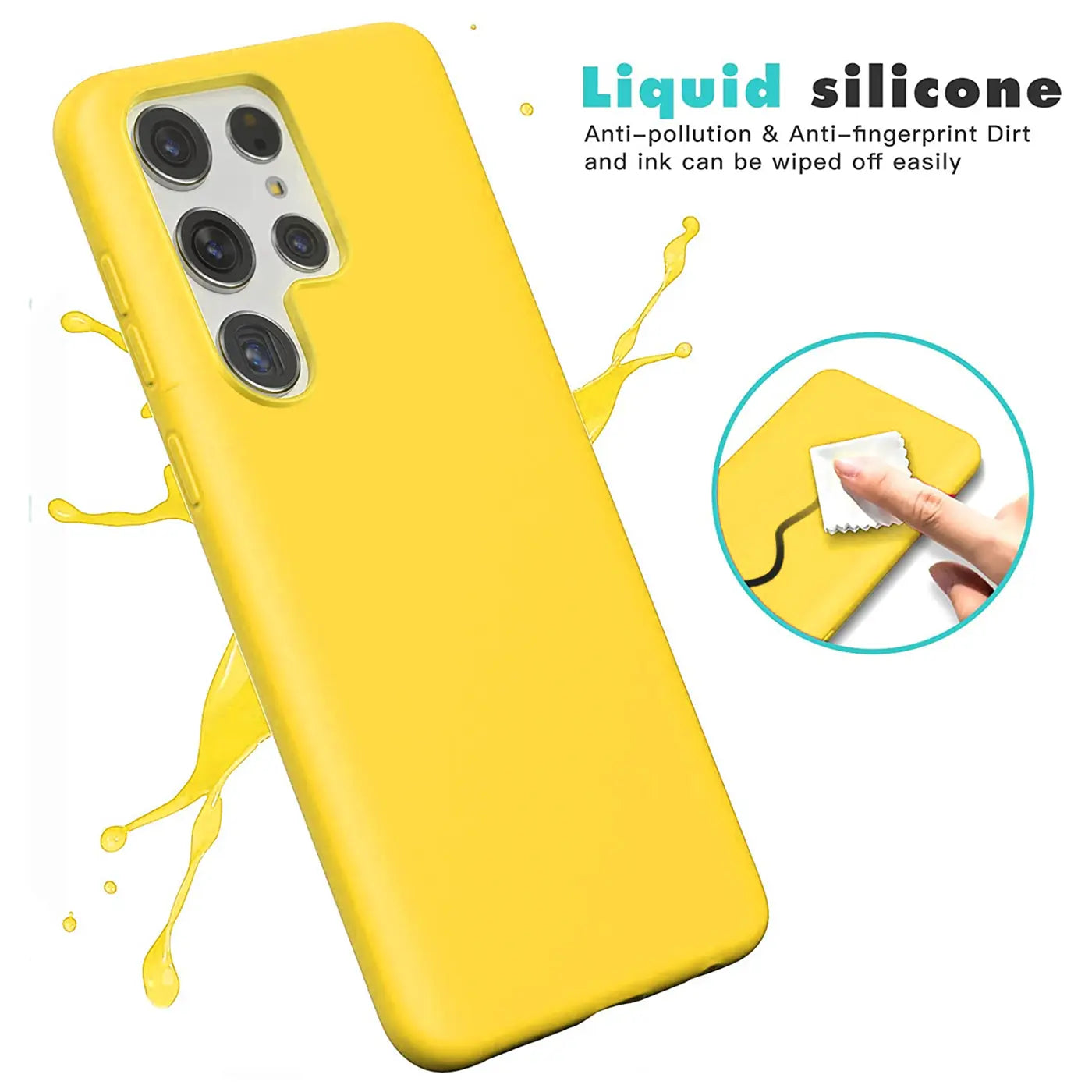 Gelbe Silikonhülle für Samsung Galaxy S22 Ultra, von schräg oben, mit Kamerasicht.