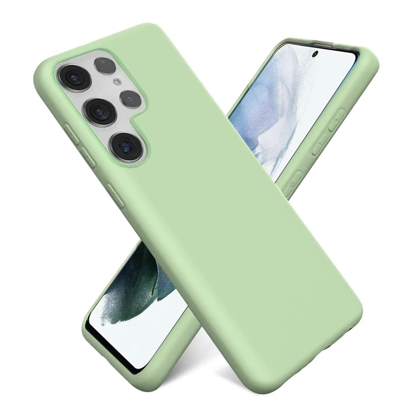 Helle grüne Silikonhülle für Samsung S22 Ultra, von vorne/oben gesehen, mit Gerät im Hintergrund.