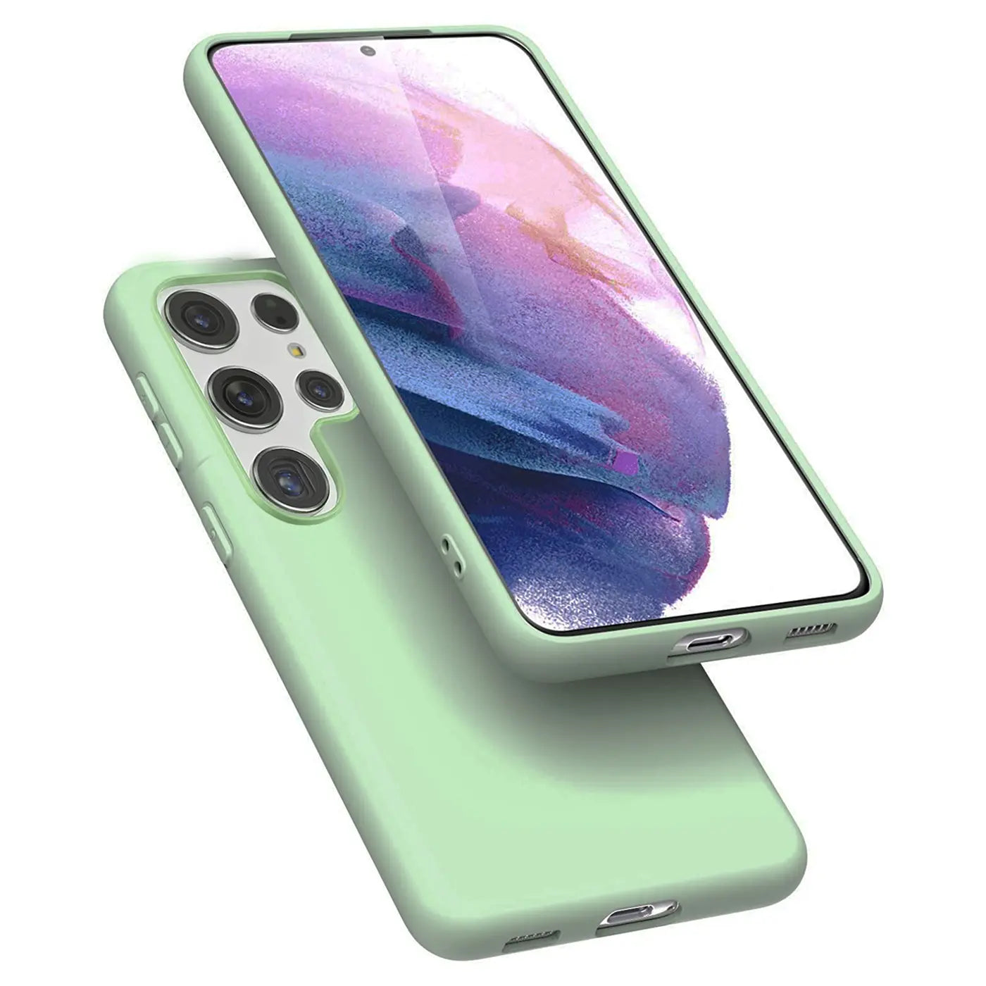 Grüne Silikonhülle für Samsung Galaxy S22 Ultra, von schräg oben, Nahaufnahme